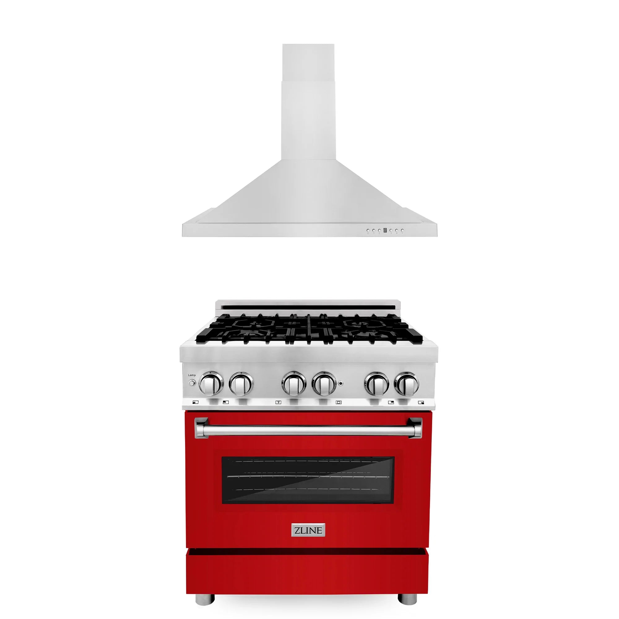 Red glossy dual fuel range with stainless cooktop, control knobs, and oven window