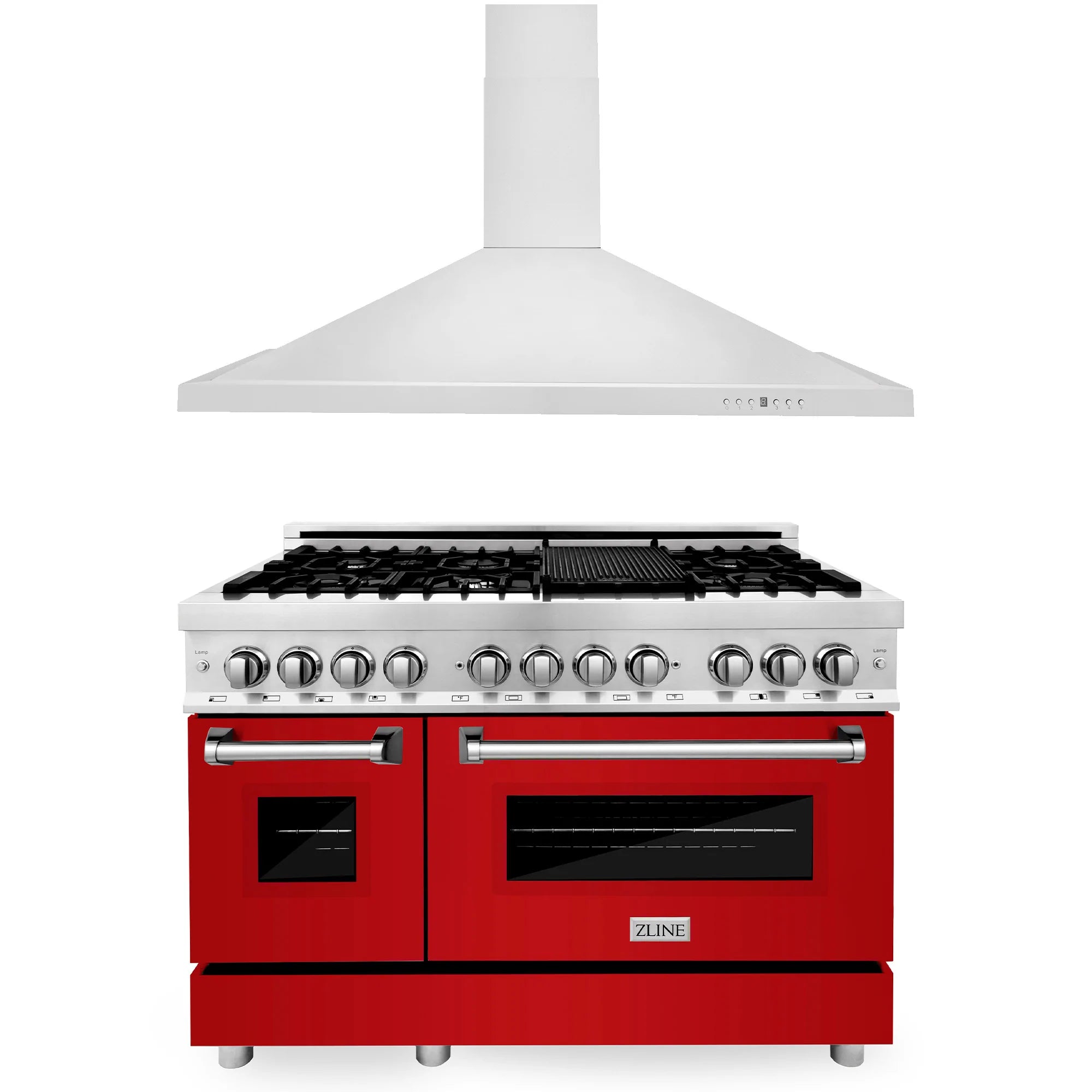 ZLINE dual fuel range with red glossy doors, stainless knobs, and convertible vent hood