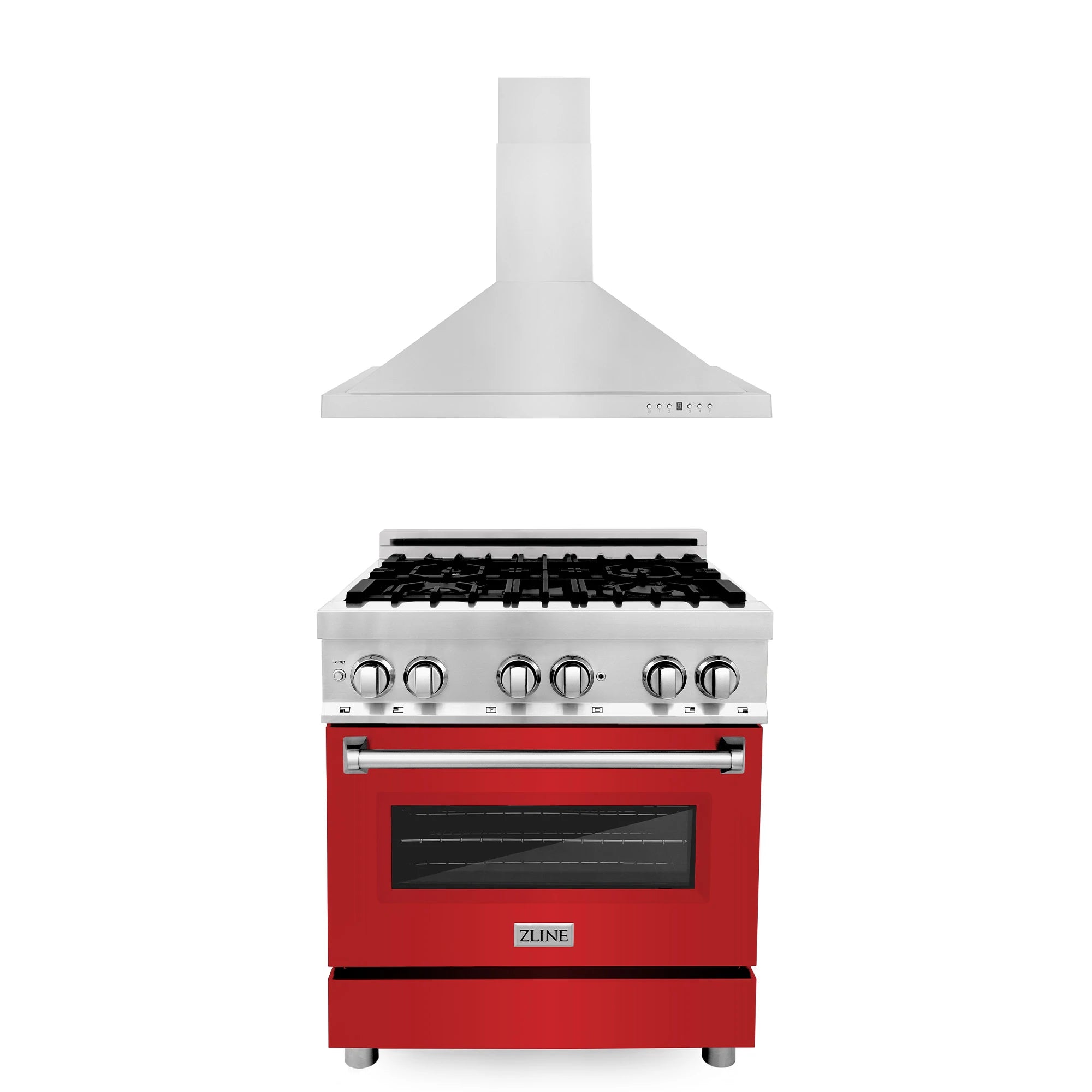 Red matte dual fuel range with black burner grates and stainless hood
