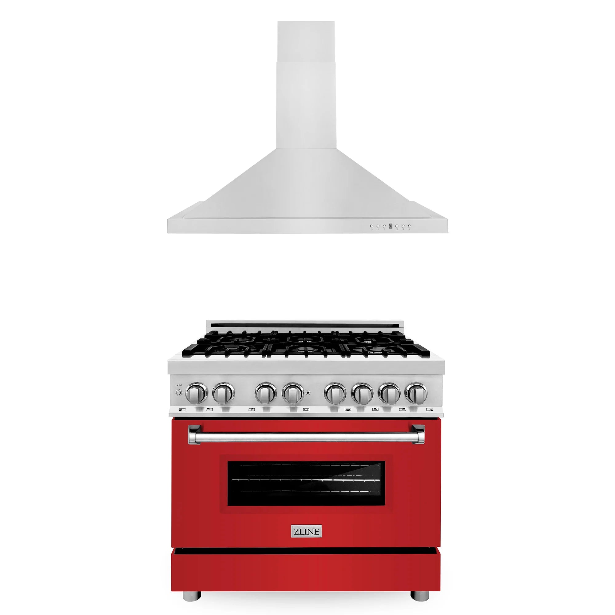 Red matte dual-fuel range with stainless controls and oven, plus stainless vent hood