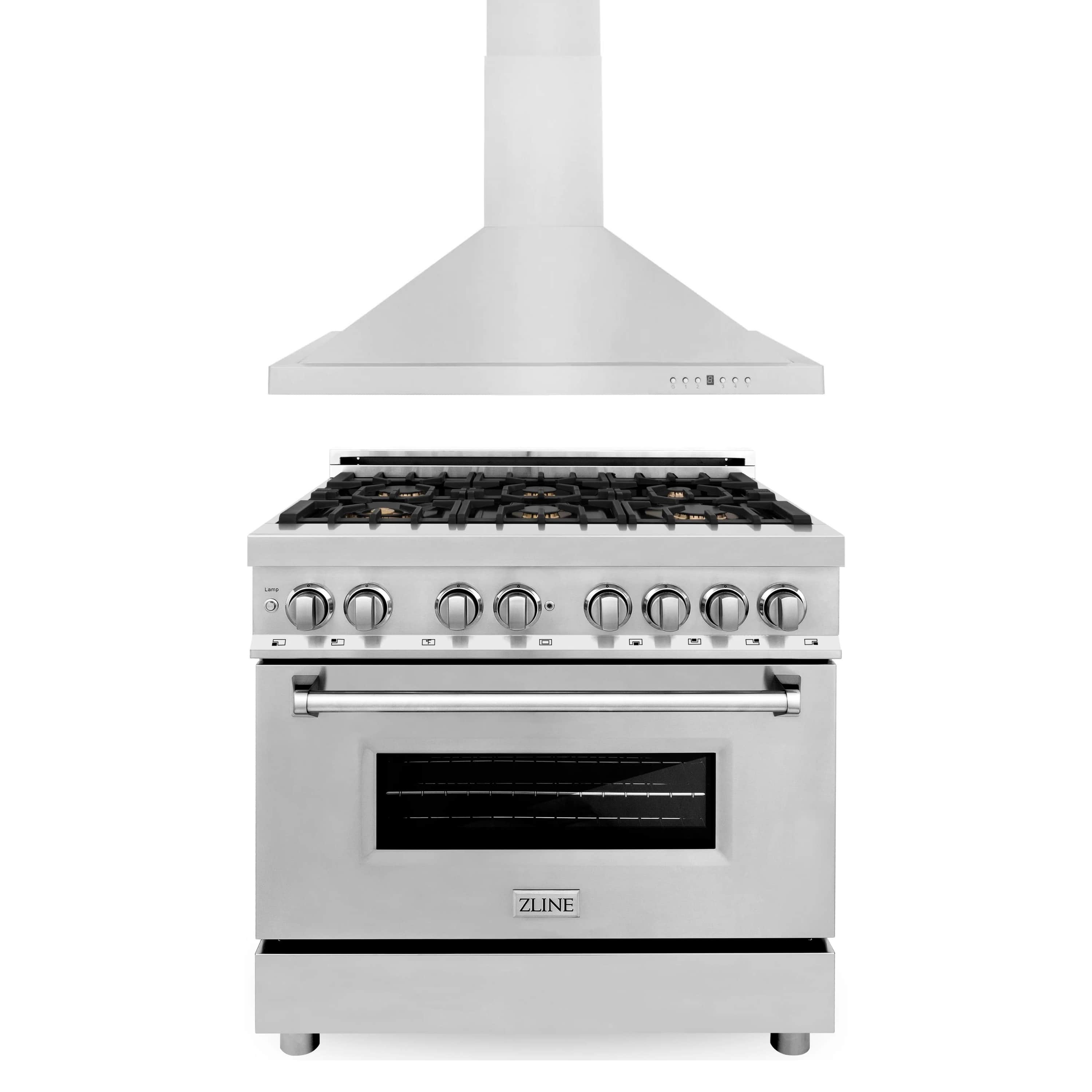 ZLINE stainless steel dual fuel range with wall hood, satin door finish