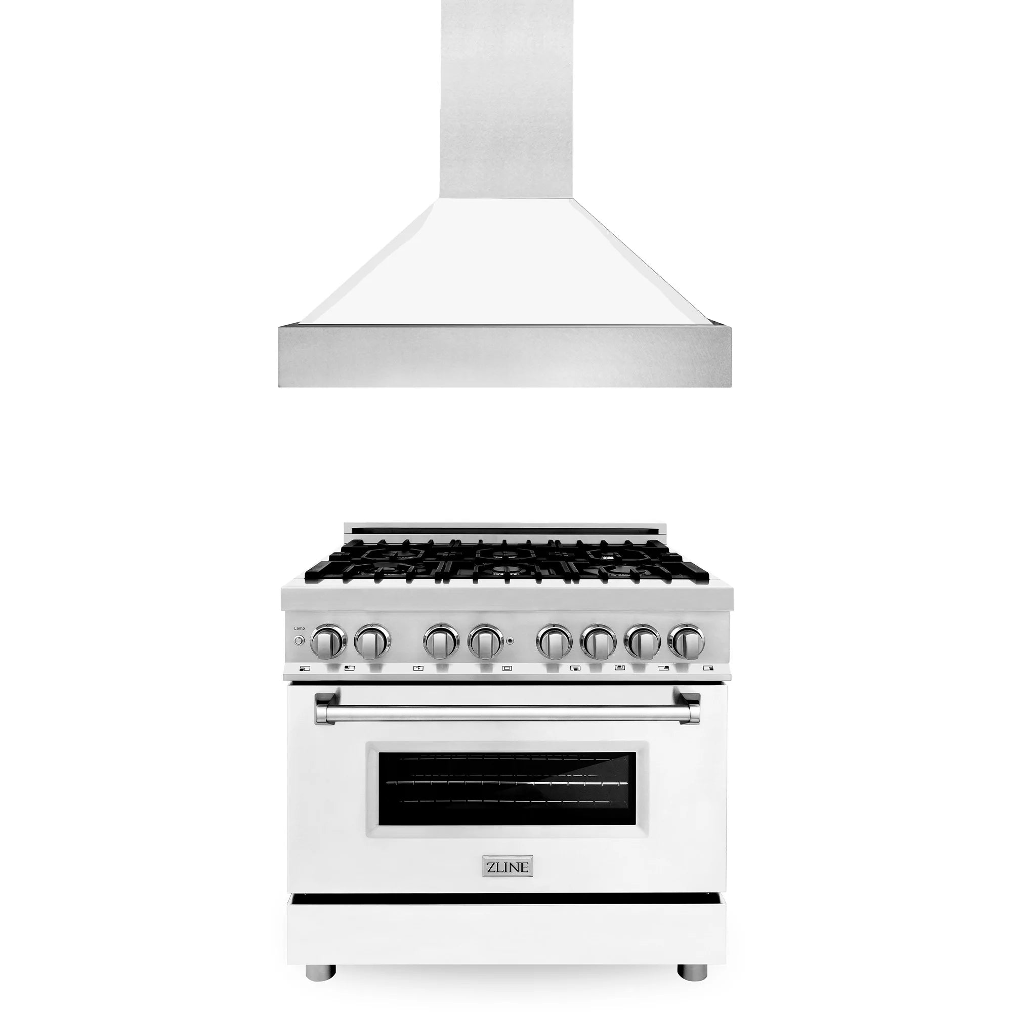 White dual fuel range with grates and stainless oven door below vent hood