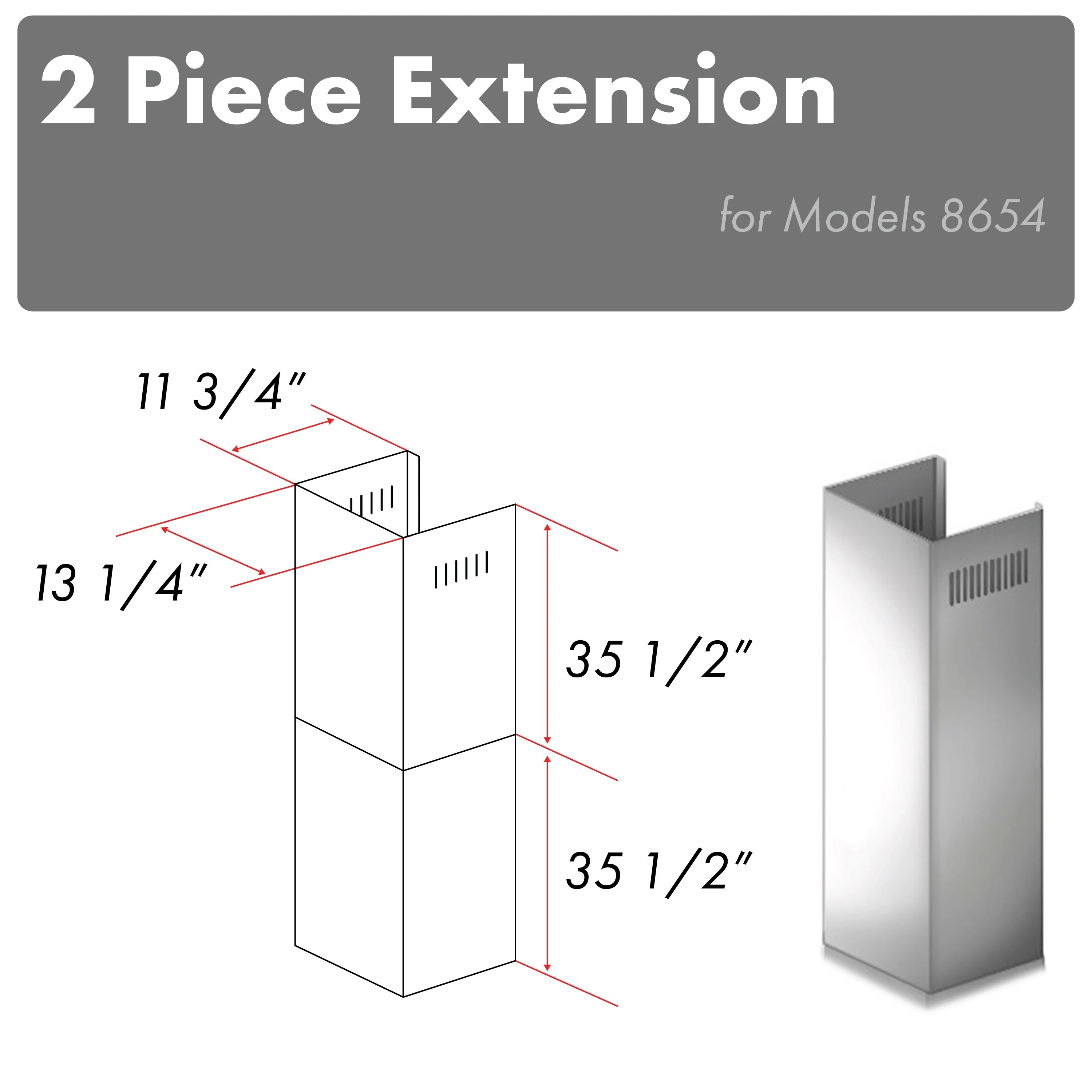 2-piece extension label for Models 8654 with duct dimension diagram