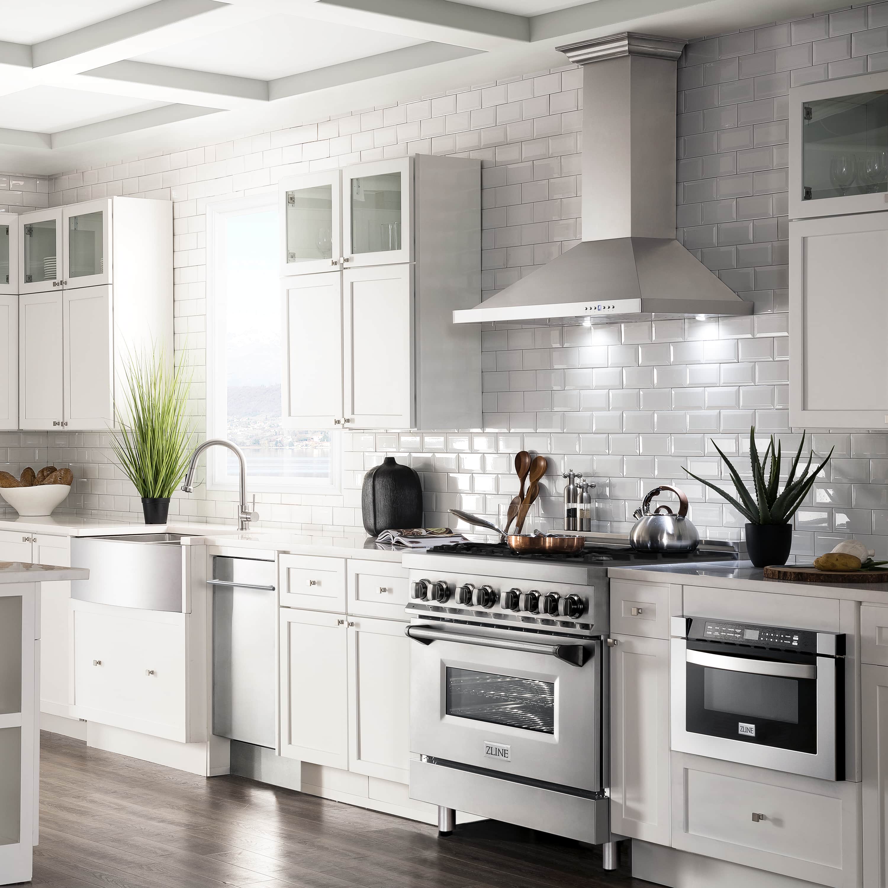 Stainless steel dual fuel range with wall-mounted convertible hood and cooking surface