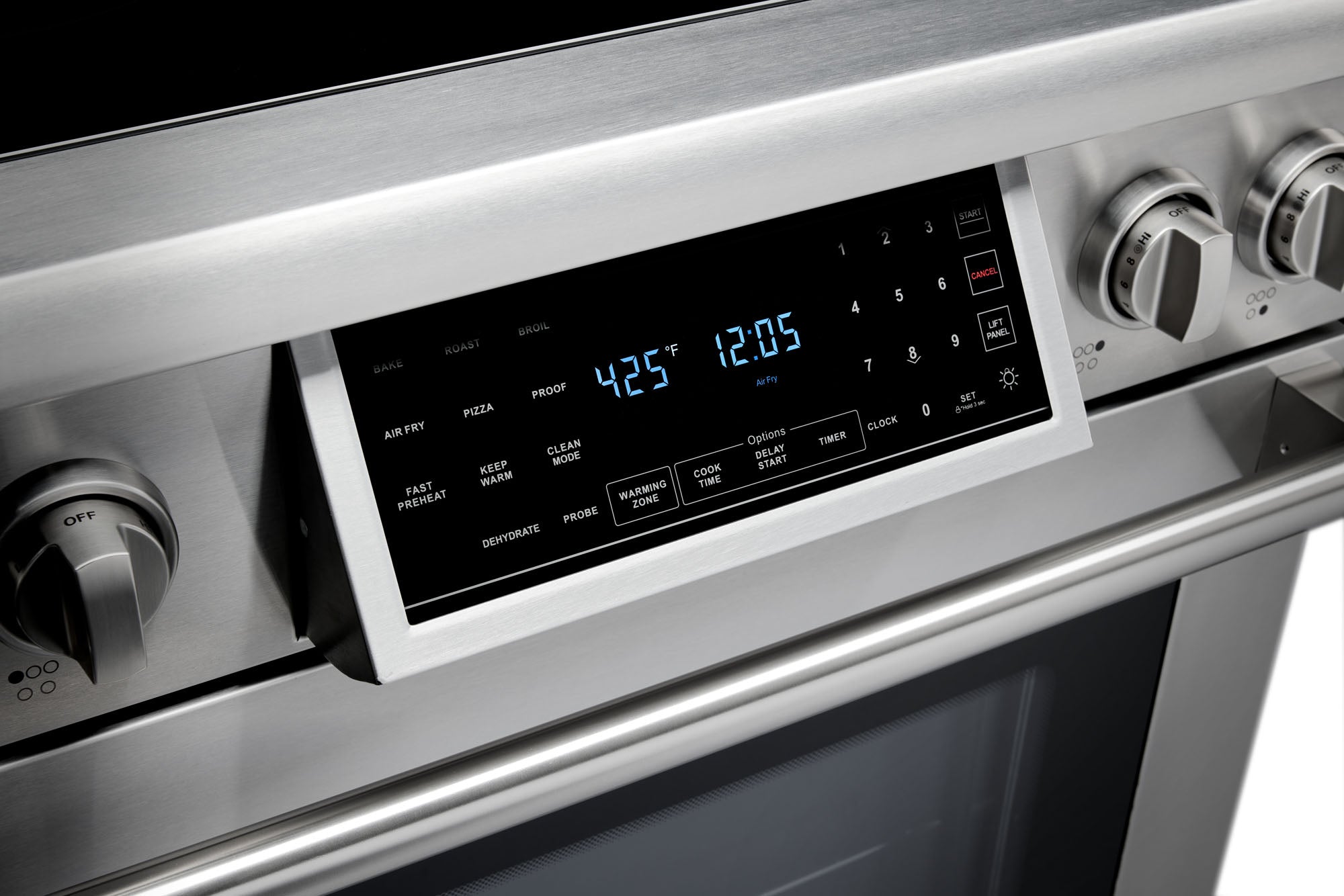 Stainless steel electric range control display showing 425°F and 12:05