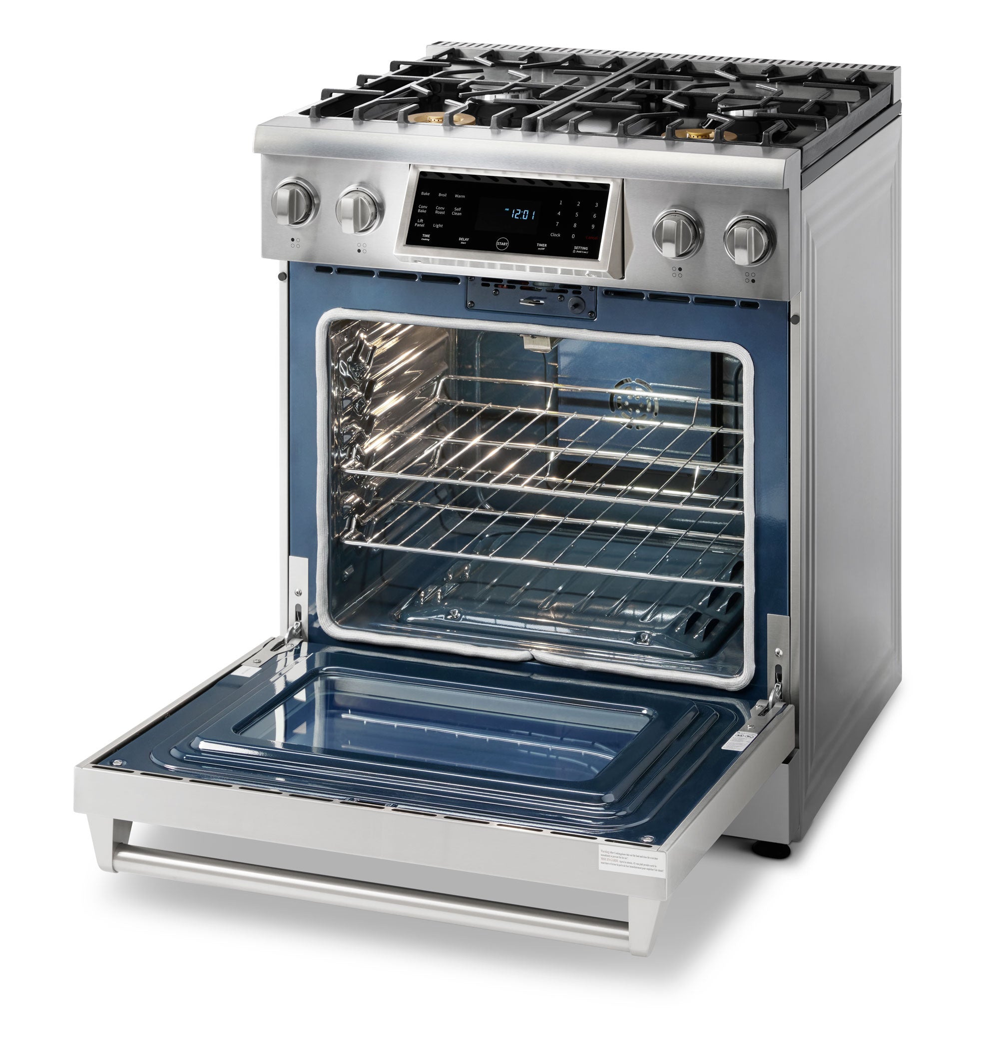 Stainless steel gas range with open oven door and interior racks