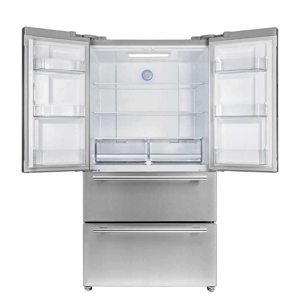 Stainless refrigerator with both doors open, showing interior shelves and bins
