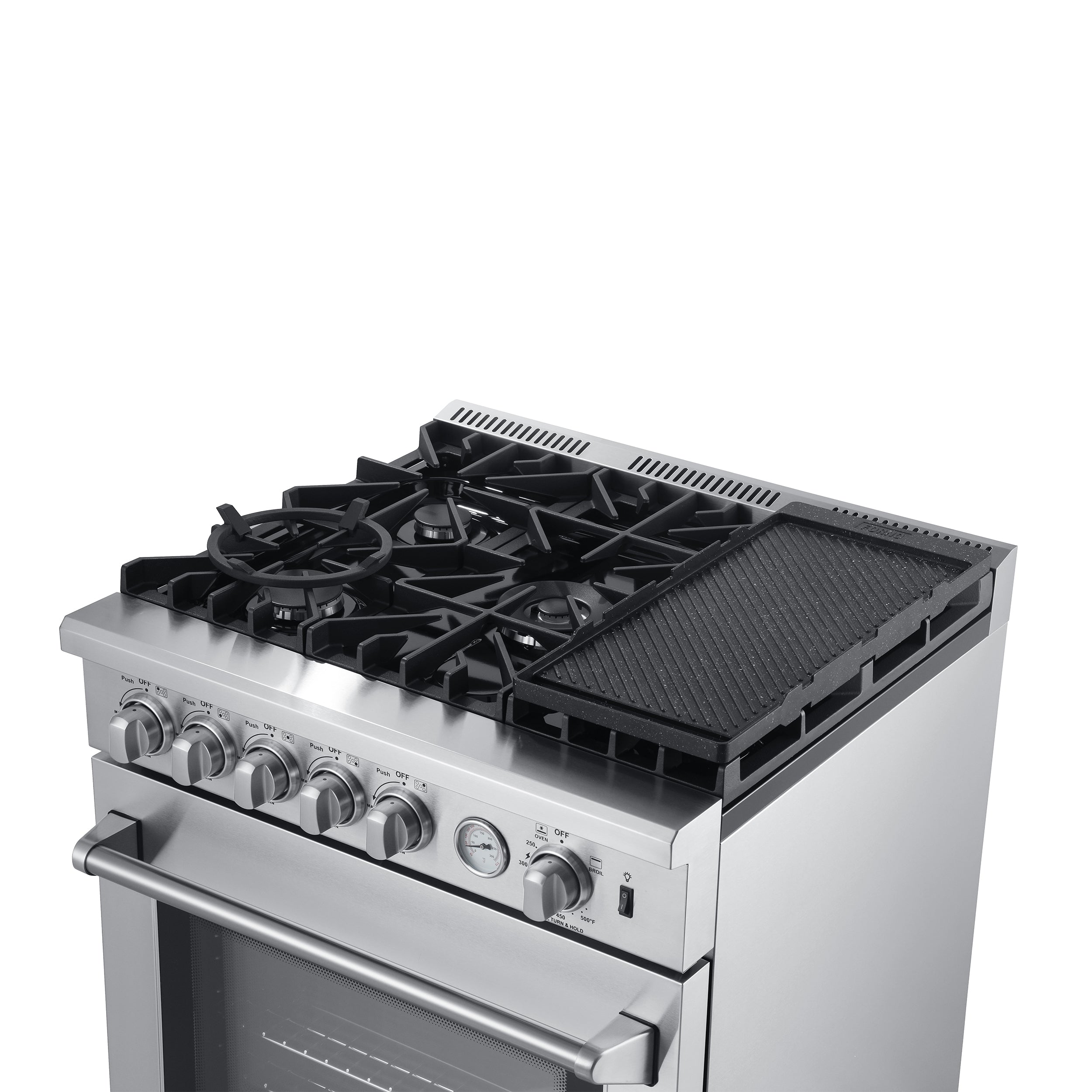Stainless gas range front with control knobs and griddle/grill cooktop with burners