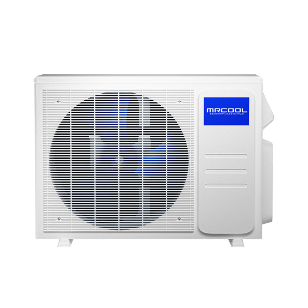 White outdoor condensing unit for ductless mini split with fan grille and MRCOOL label