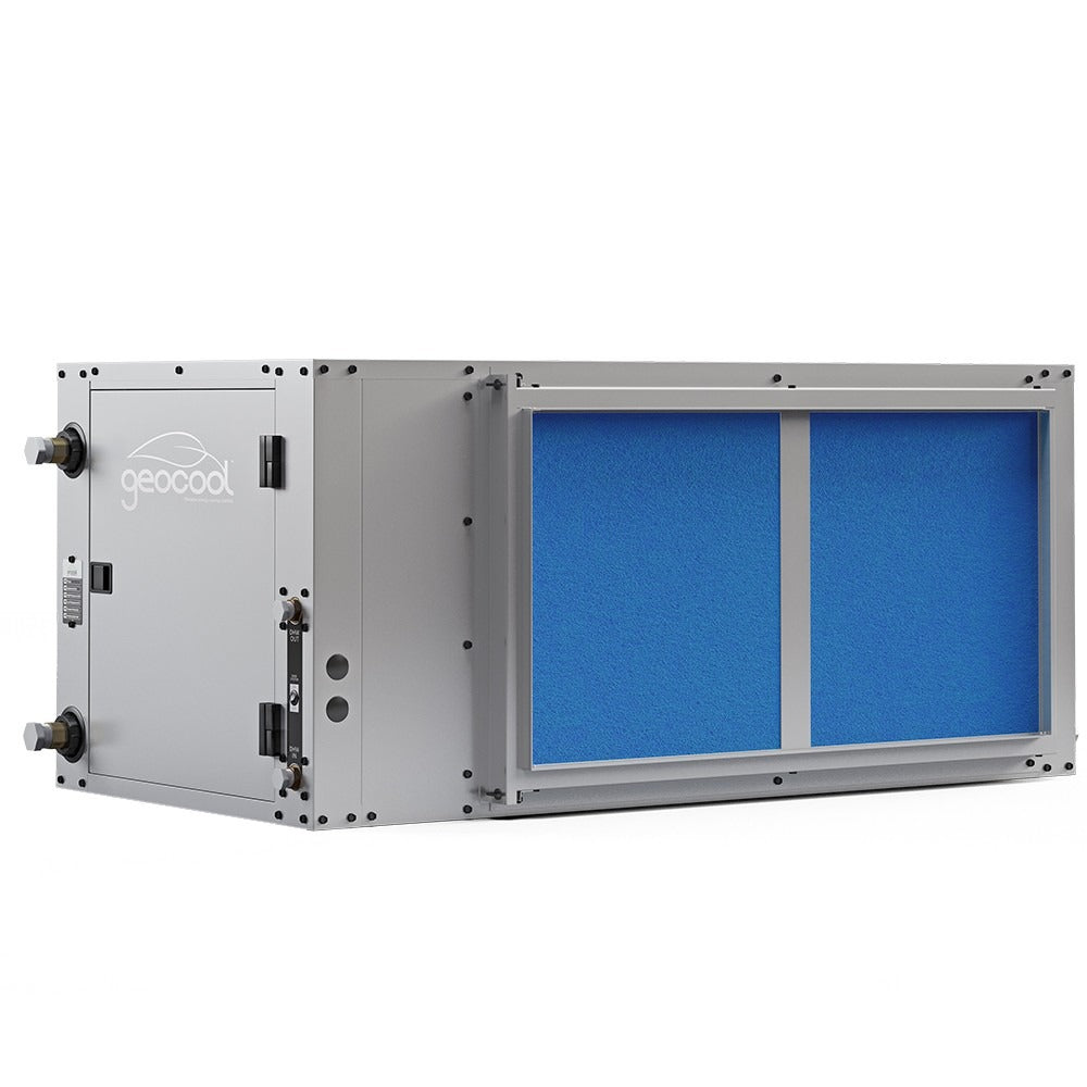 Horizontal HVAC unit exterior with blue window panel and side access openings
