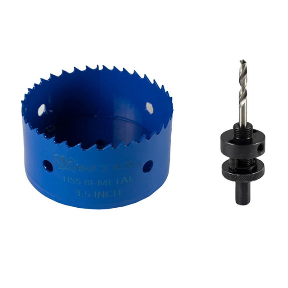 3.5-in bi-metal hole saw with blue teeth and locking quick-change arbor