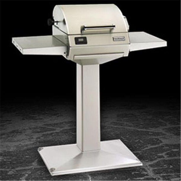 Fire Magic electric patio grill with base stand and side shelves, light gray lid