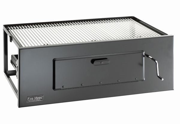 Built-in charcoal grill with vented lid and hinged front access panel