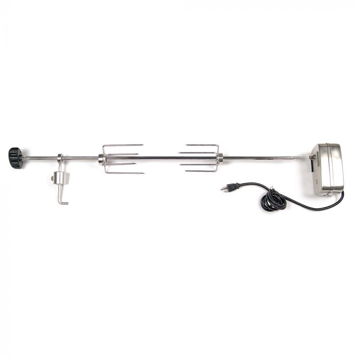 Fire Magic rotisserie kit parts: stainless spit, forks, motor, and power cord