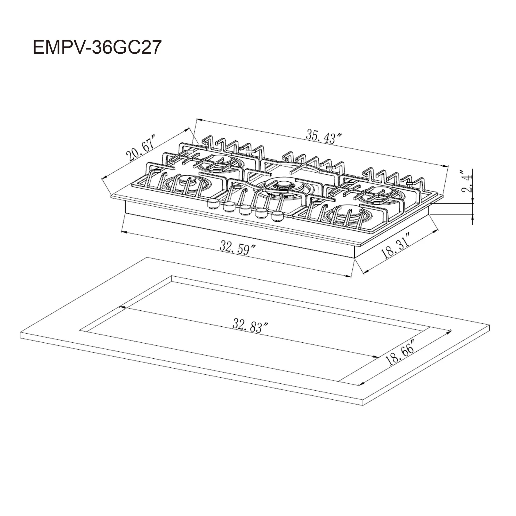 Cooktop dimensions diagram with cutout size for EMPV-36GC27