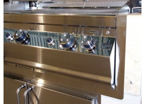 Stainless steel gas grill trim kit with control panel and knob cutout detail