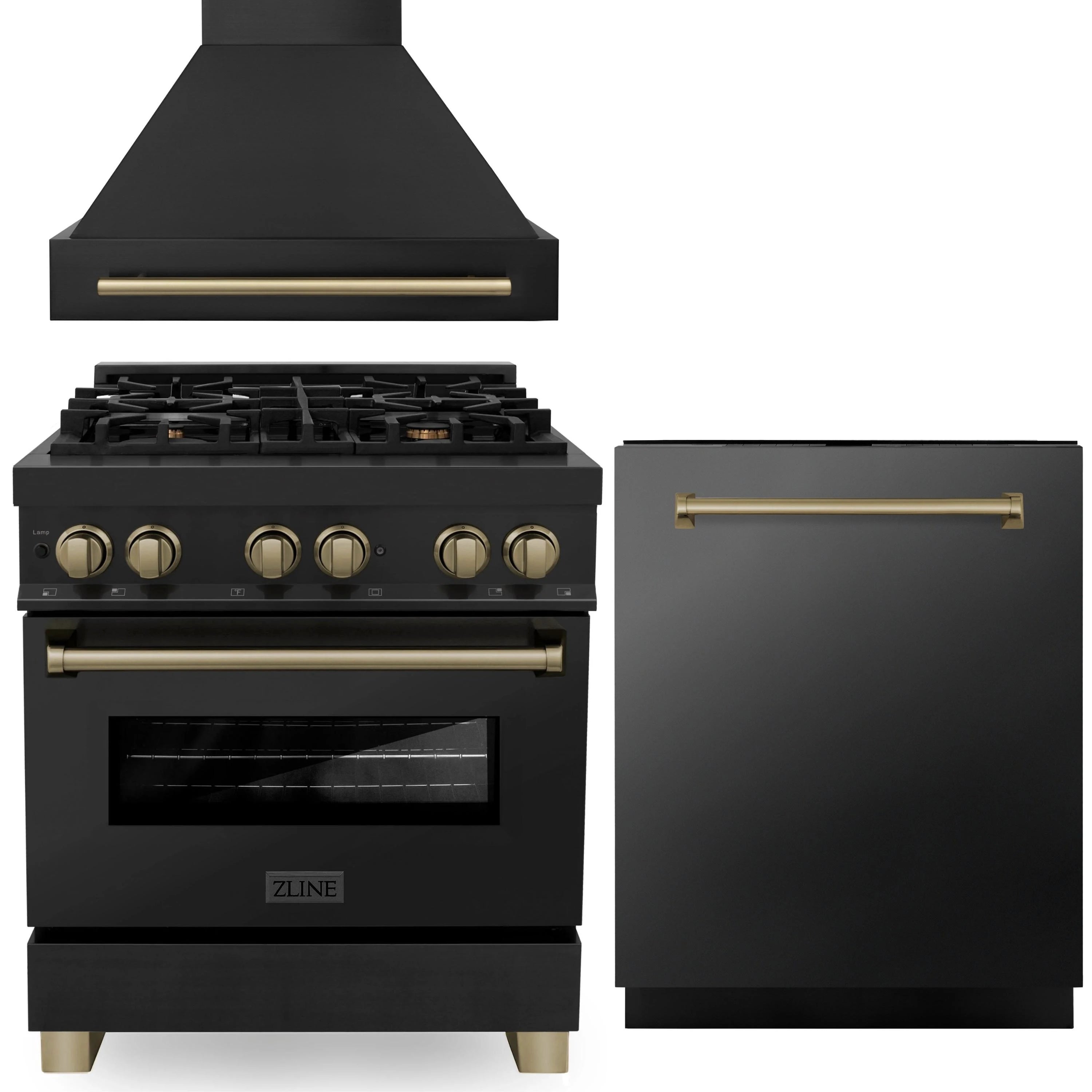 Black dual fuel range with champagne bronze trim, wall hood, and dishwasher door panel.