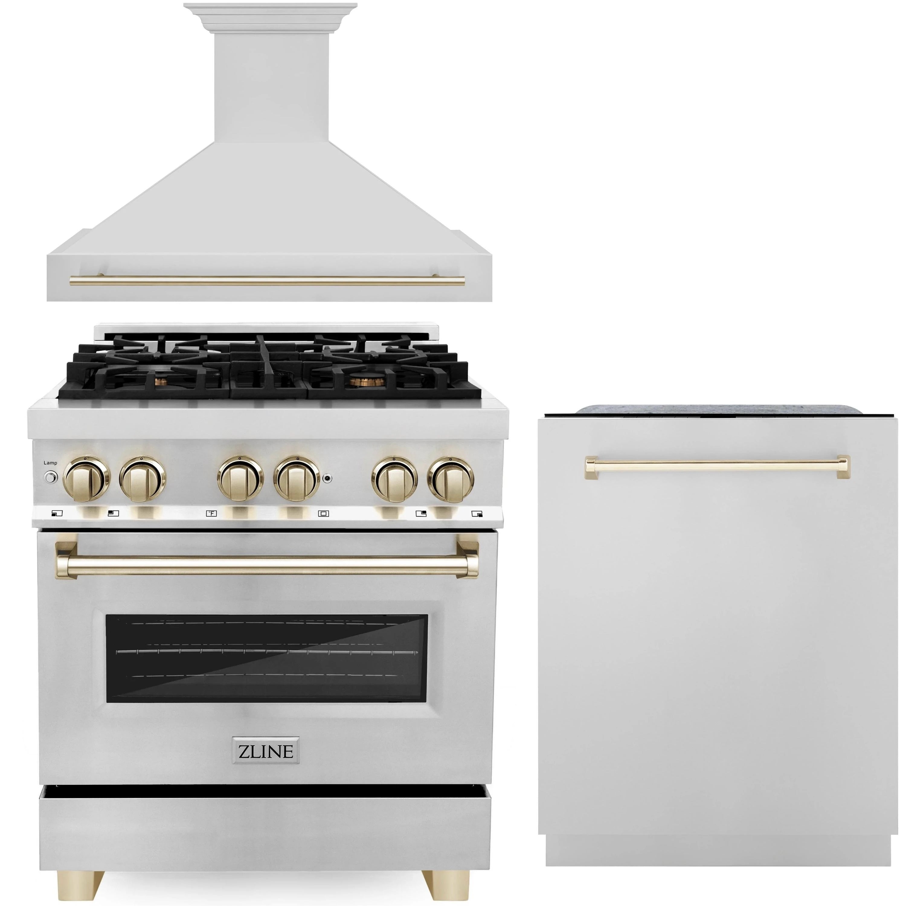 Kitchen appliance set with wall hood, dual fuel range, and dishwasher