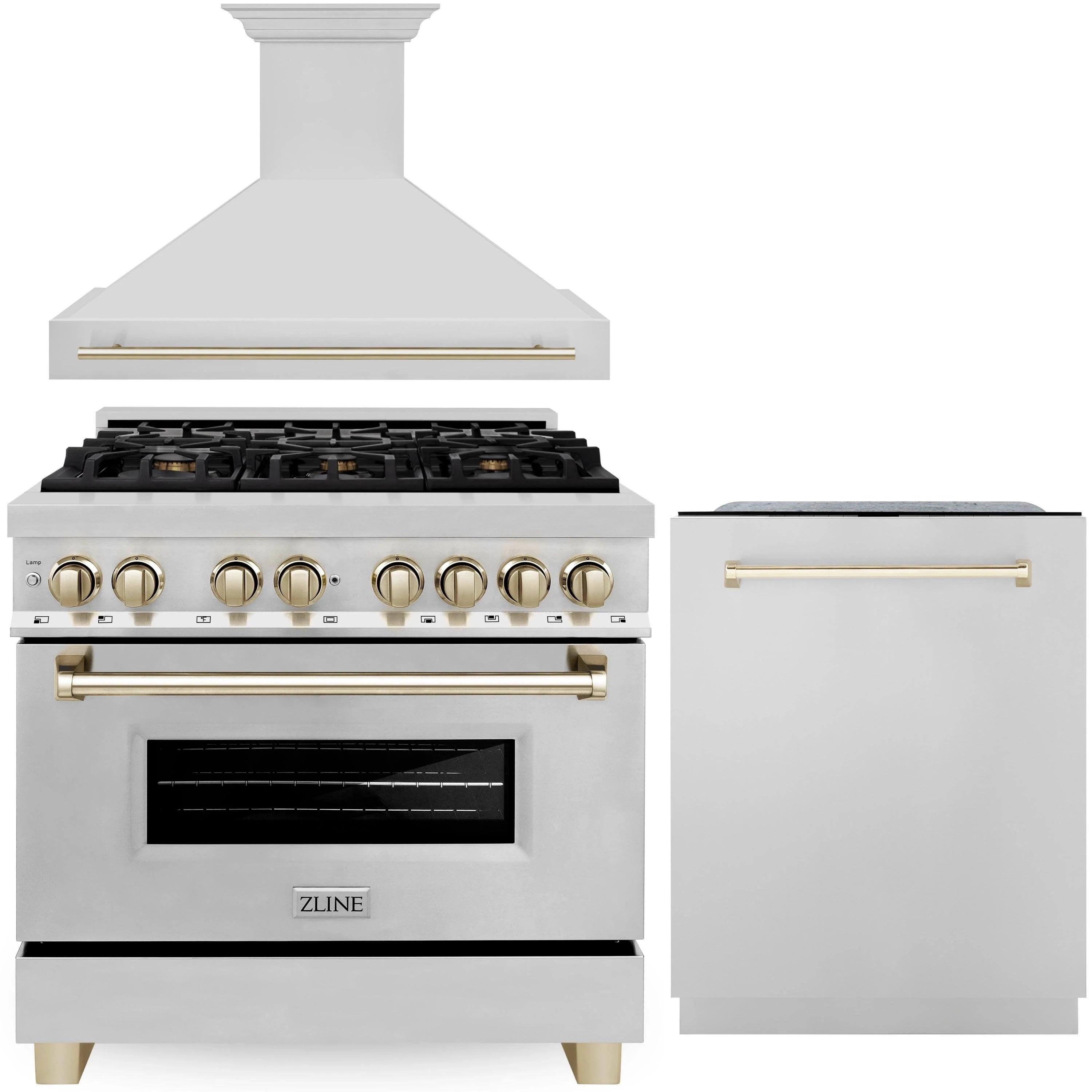Stainless steel dual fuel range with gold knobs, wall hood, and tall dishwasher unit