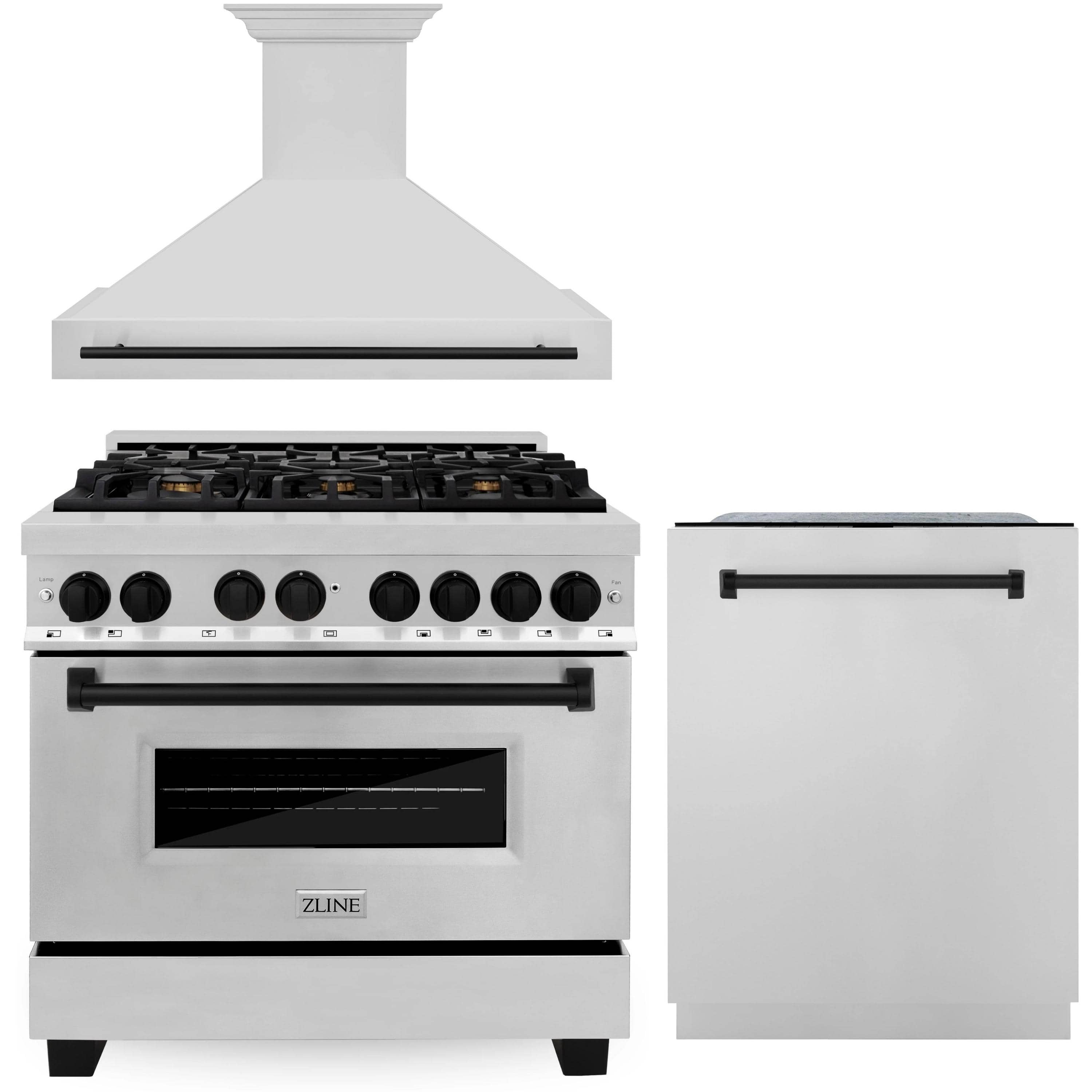 Dual fuel range with wall hood and tall dishwasher, stainless steel exterior