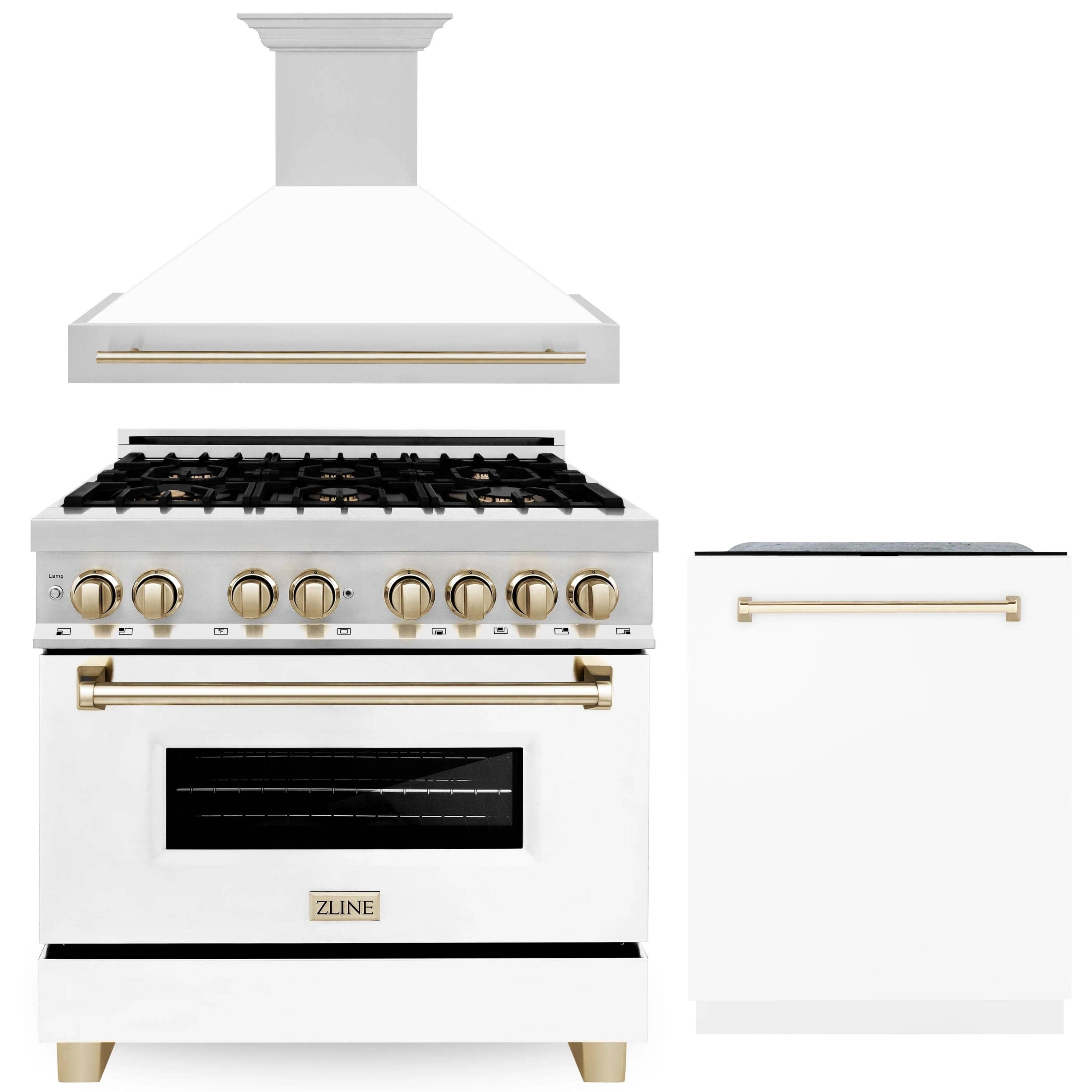 3-piece appliance package: white dishwasher door, dual fuel range and wall hood