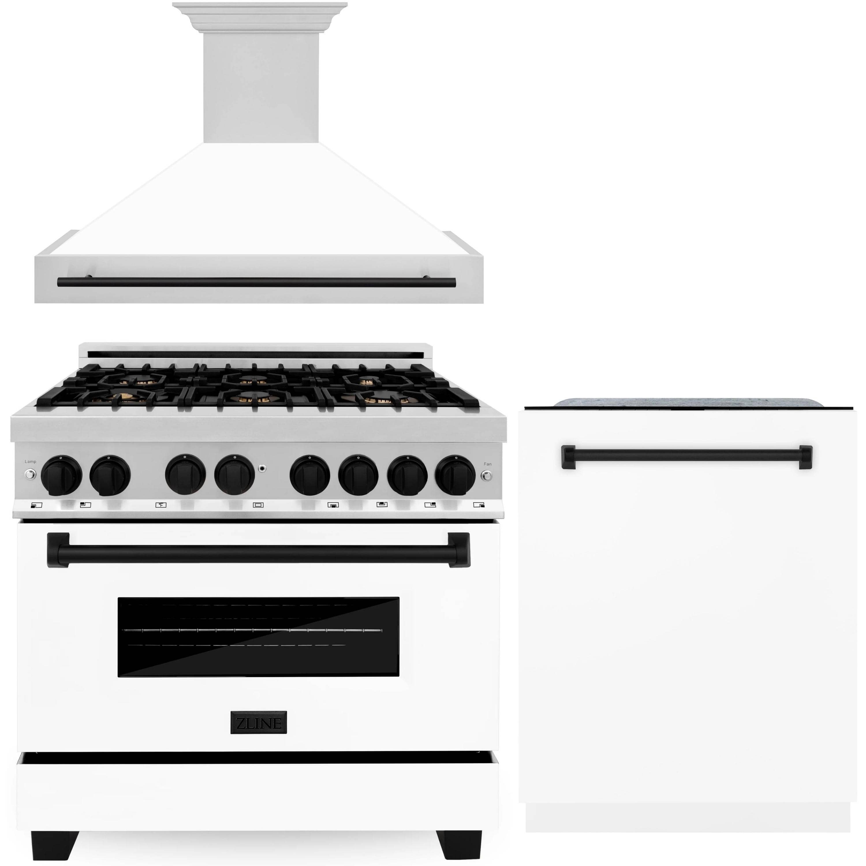 White dual fuel range with black grates, range hood, and white dishwasher door