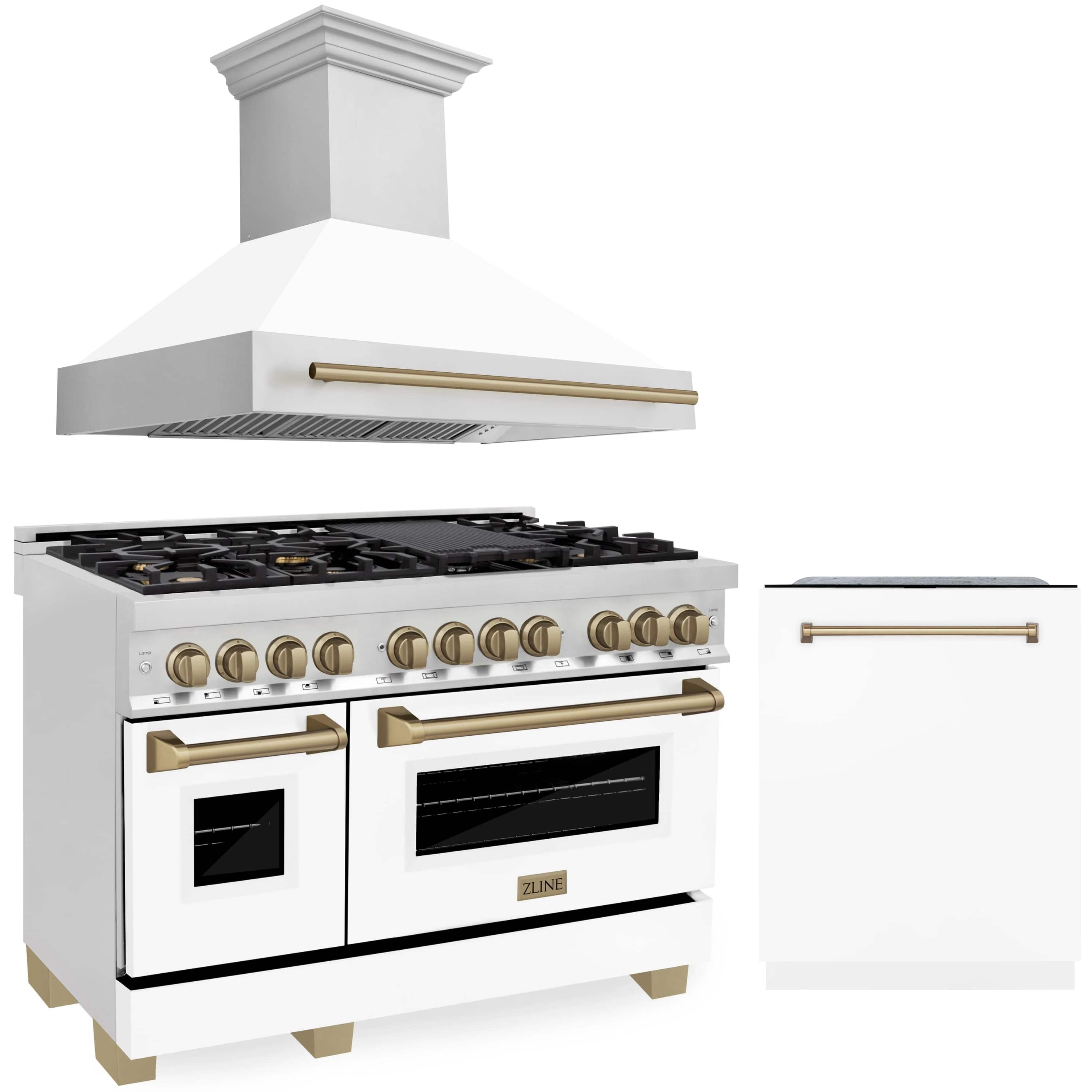 Dual fuel range and wall hood set, white finish with champagne bronze knobs and handles