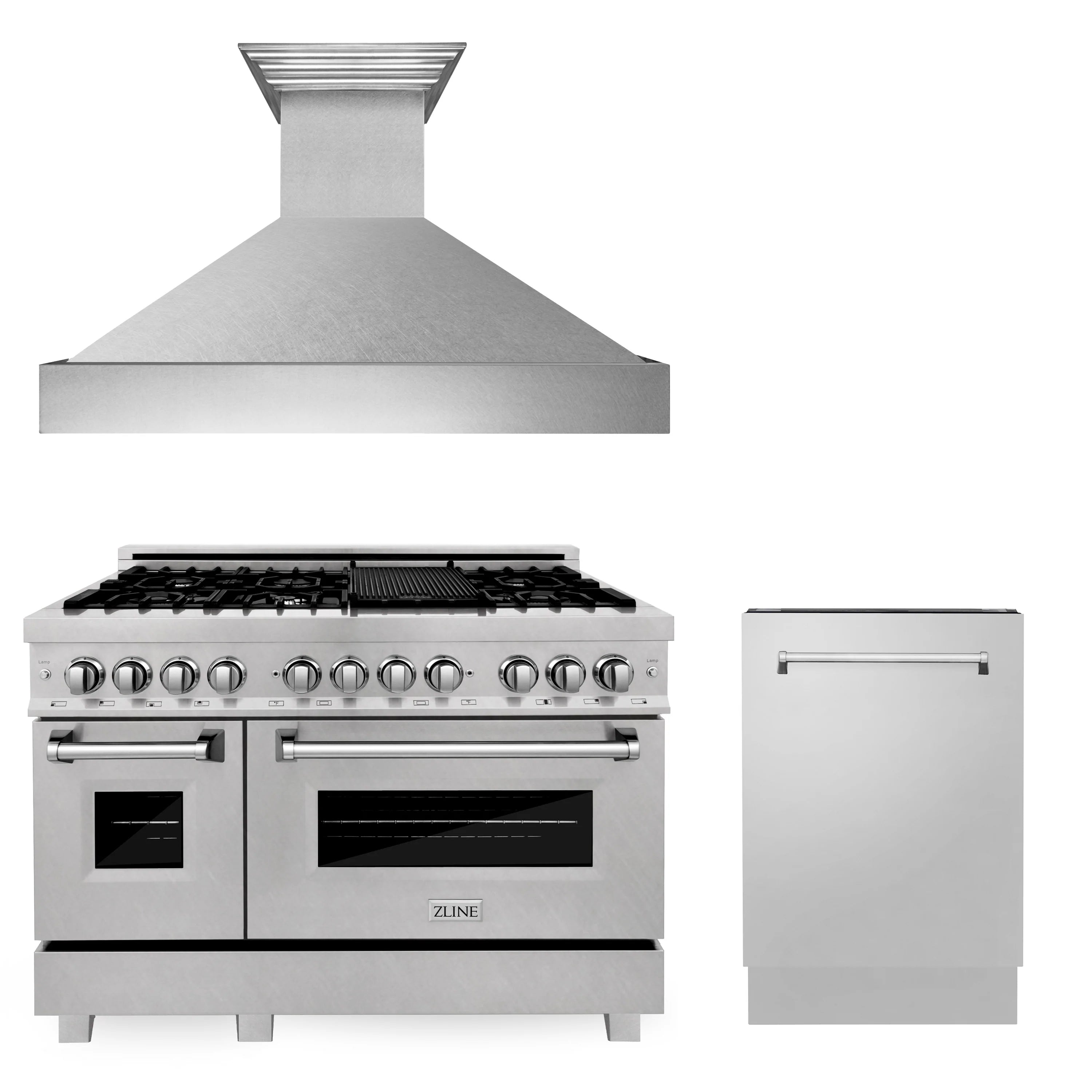 Stainless dual-fuel range with hood and tall dishwasher front panel, ZLINE