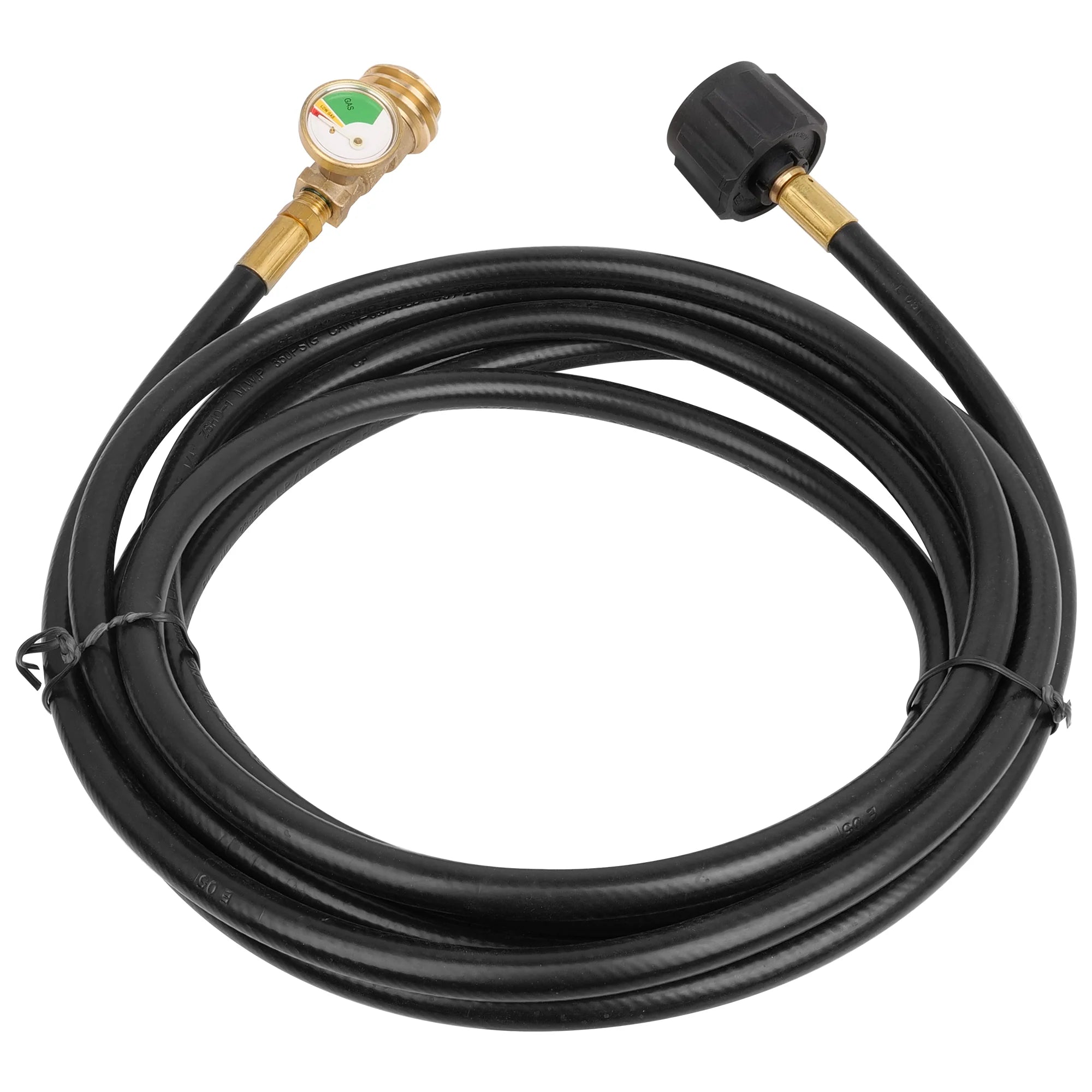 Propane extension hose with black coiled hose, brass gauge fitting, and black end cap