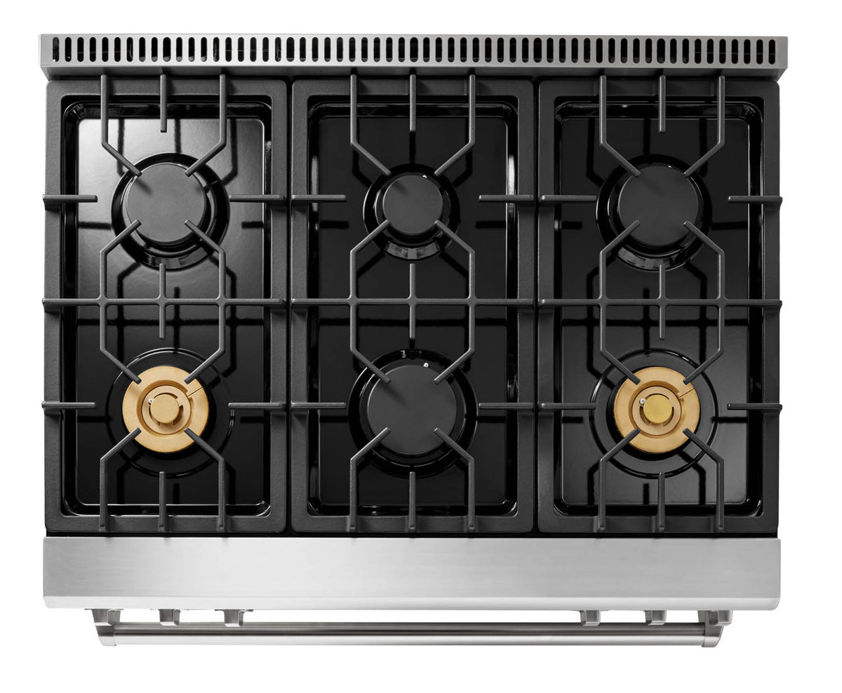 Thor Kitchen gas range with black grates and five burners, stainless base