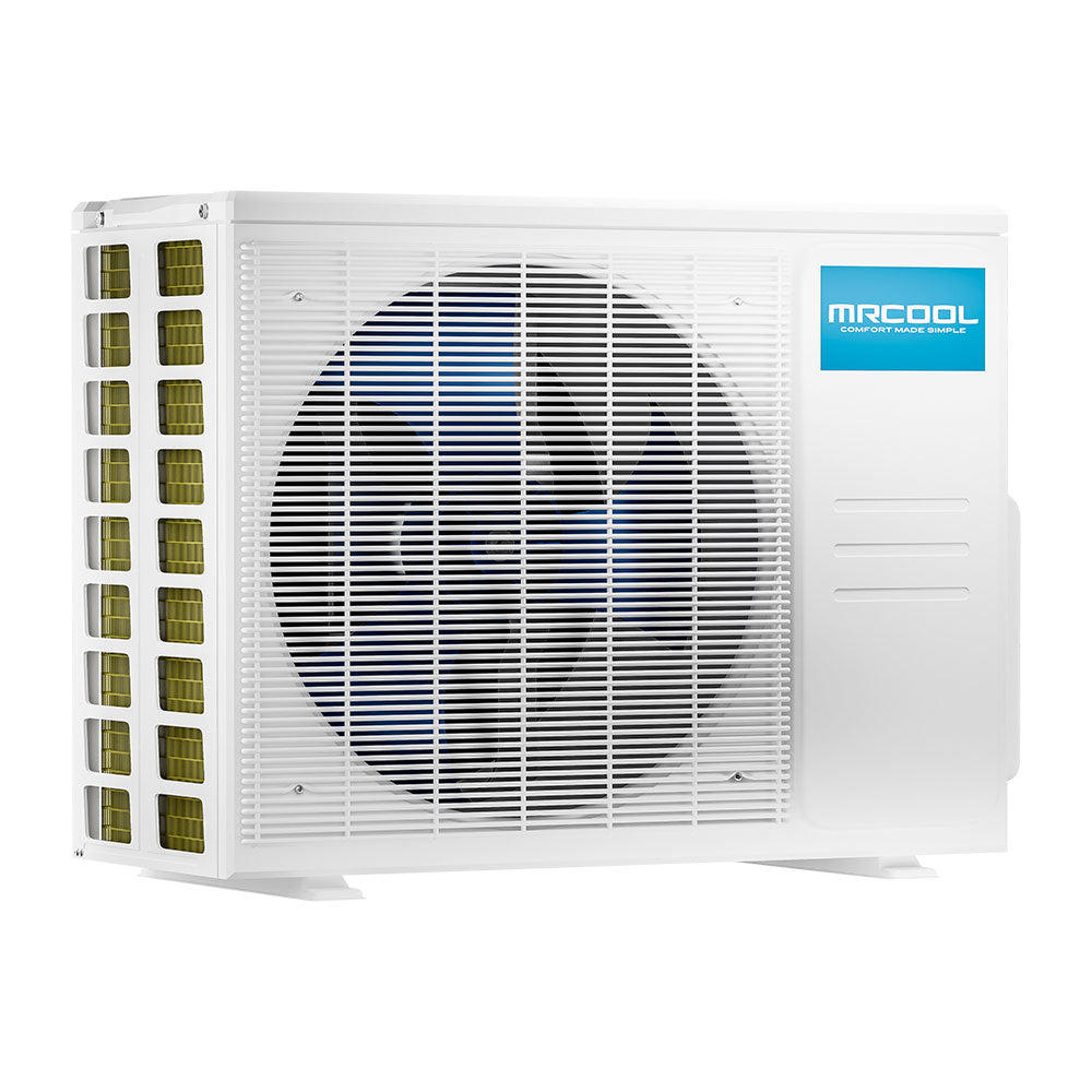 White outdoor condensing unit for ductless mini split with round fan grille and MRCOOL badge