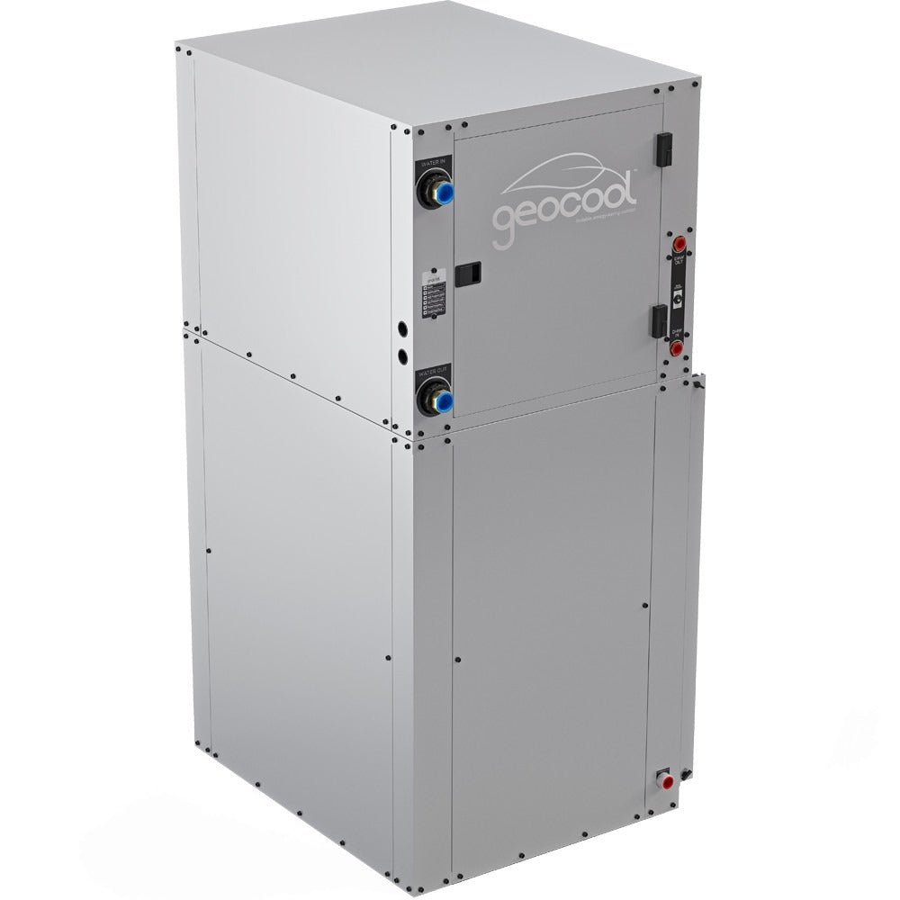 Downflow HVAC unit with white metal cabinet and visible water inlet and outlet ports