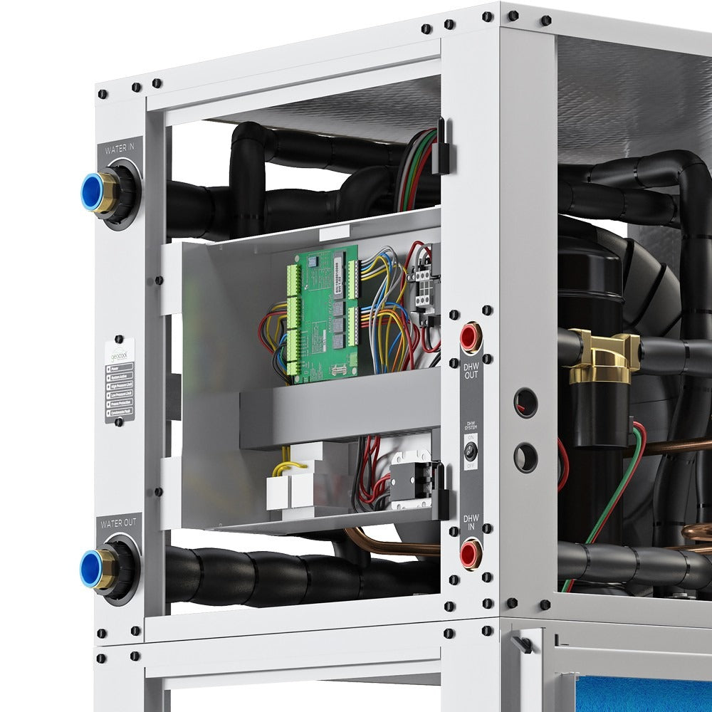 Downflow HVAC unit open cabinet with circuit board, wiring, and duct connections