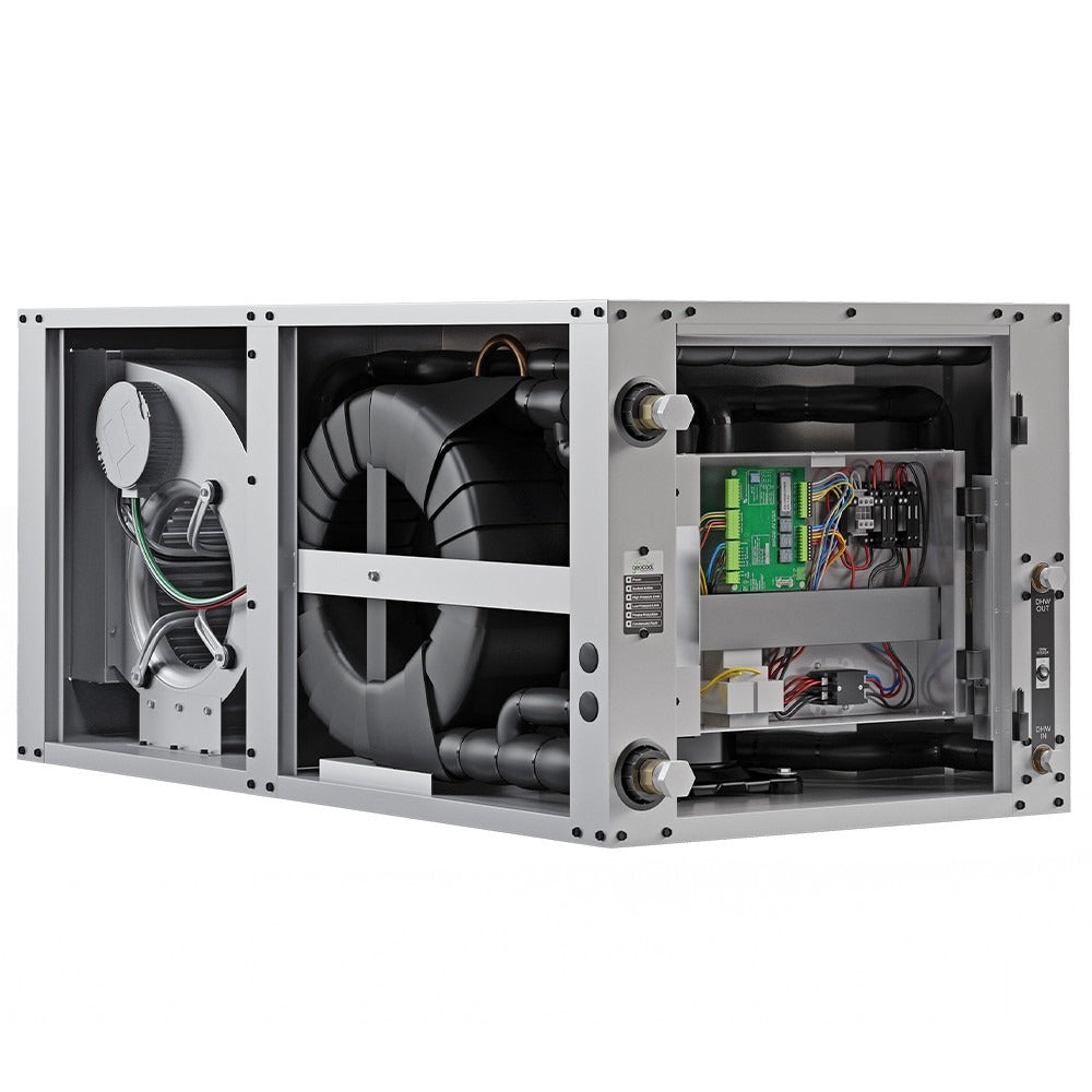MRCOOL horizontal two-stage HVAC coil unit with internal components visible through open panels