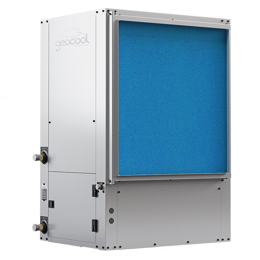 Vertical heat pump unit with open front panel and blue filter screen, gray housing