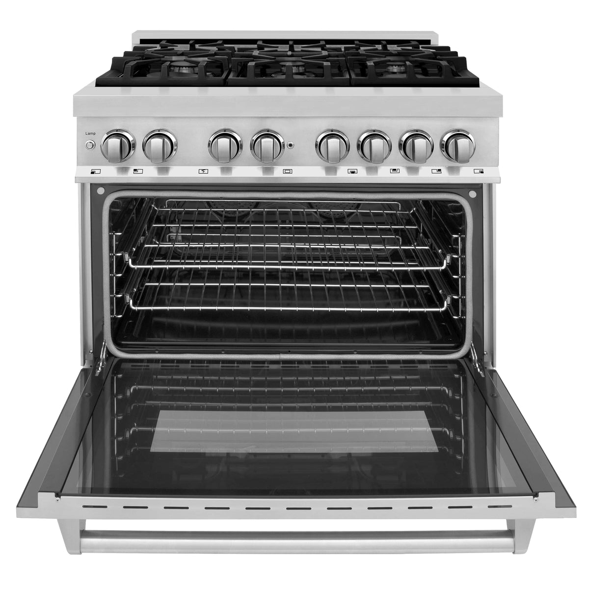 Stainless dual fuel range with oven door open and wire rack inside