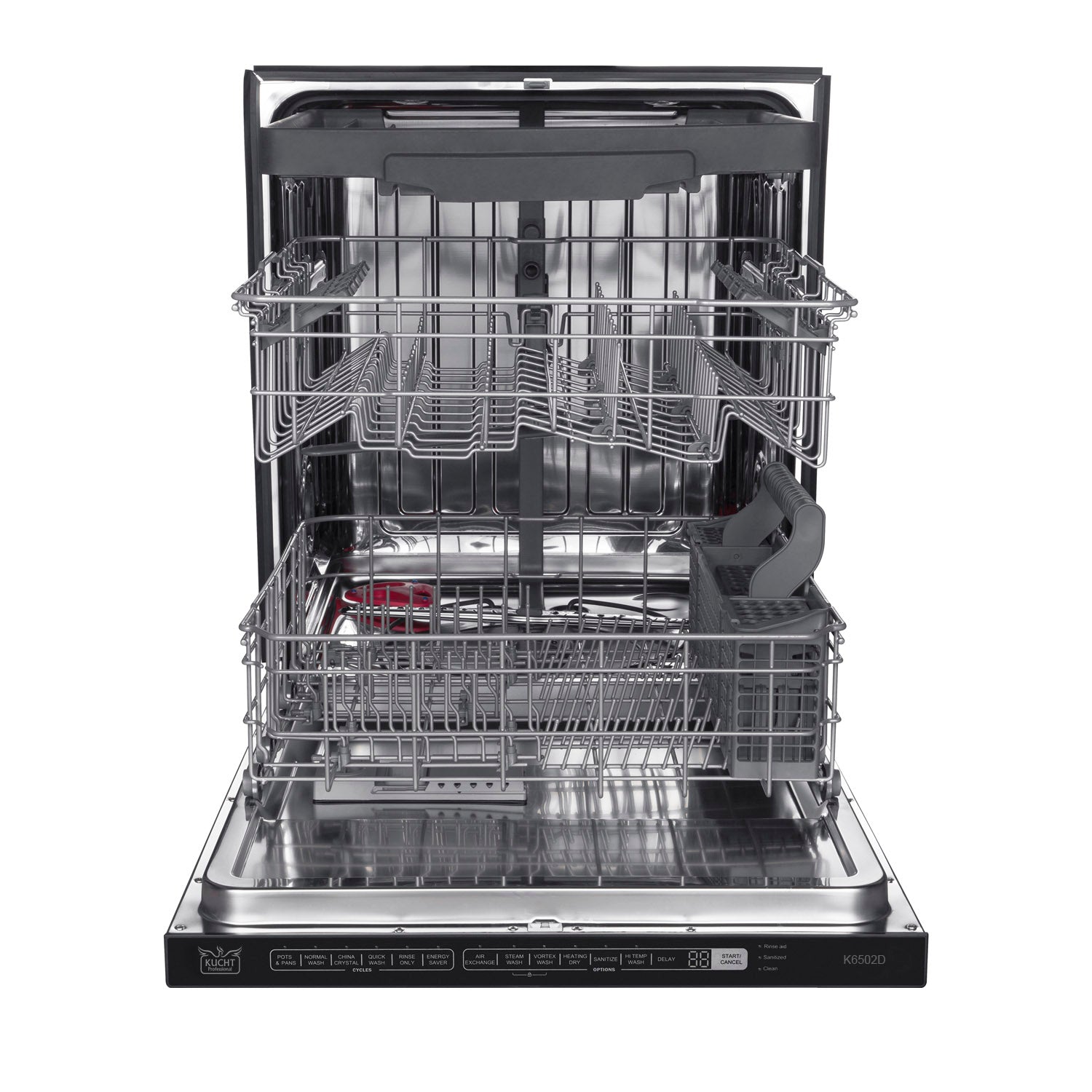 Built-in dishwasher with open door showing stacked racks and interior baskets