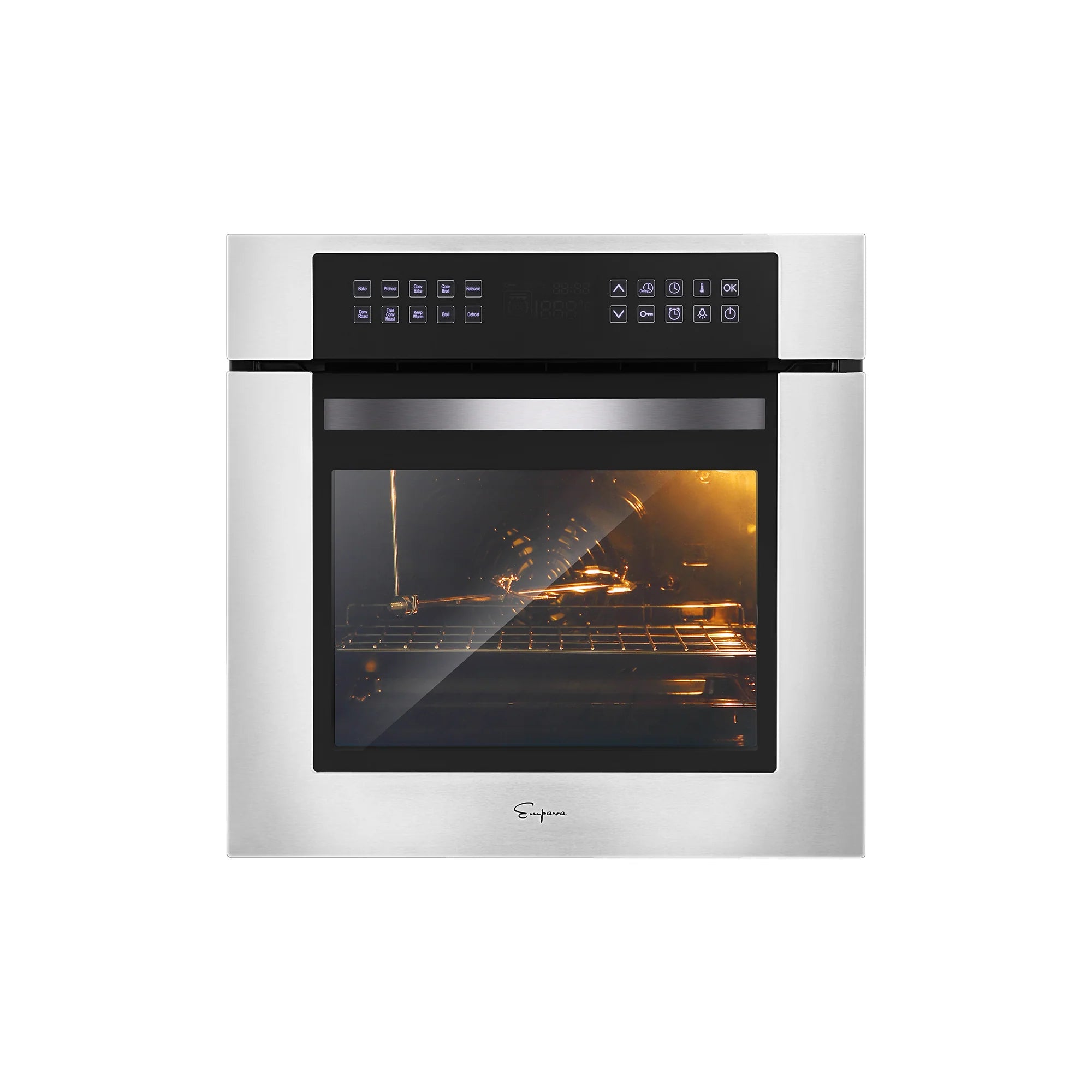 24-inch single electric wall oven with illuminated oven cavity view, stainless steel.