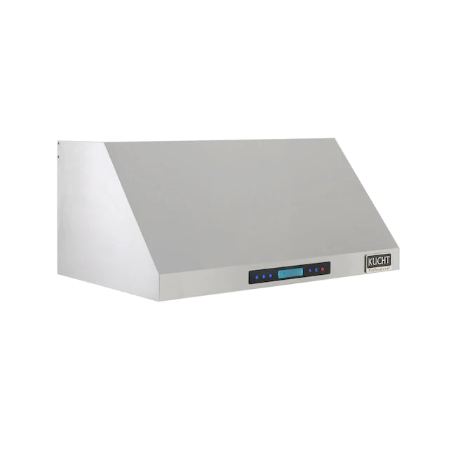 Stainless steel under-cabinet range hood with front control panel and LED indicator lights