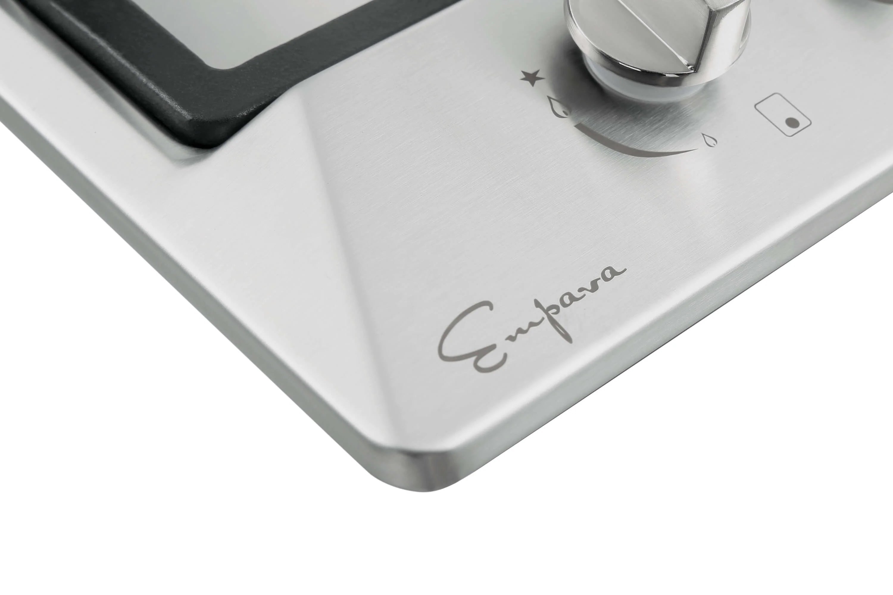Empava stainless steel cooktop front corner with dial knob and control markings