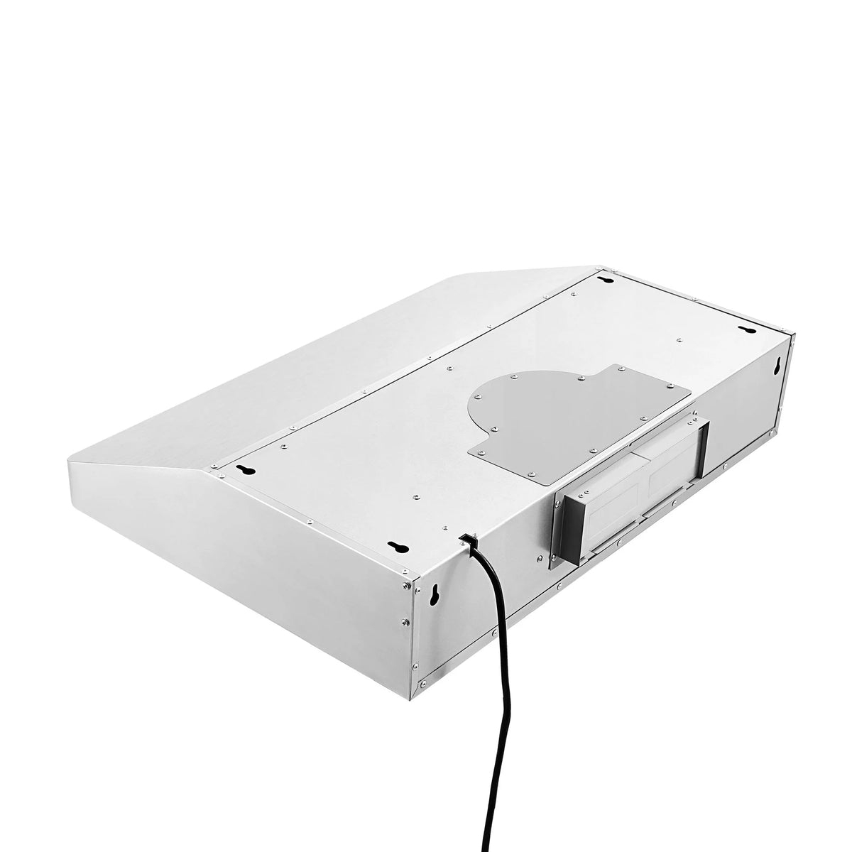 Range hood duct blower housing base with wiring outlet and access openings