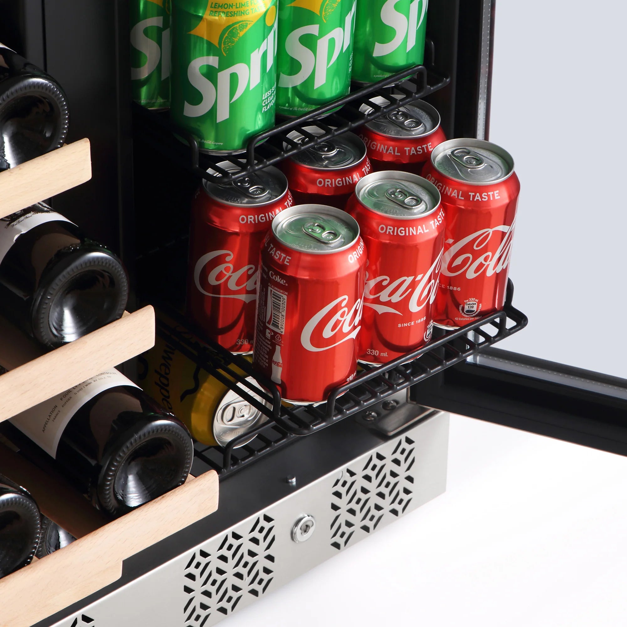 Wine and beverage cooler interior with can rack and assorted beverages