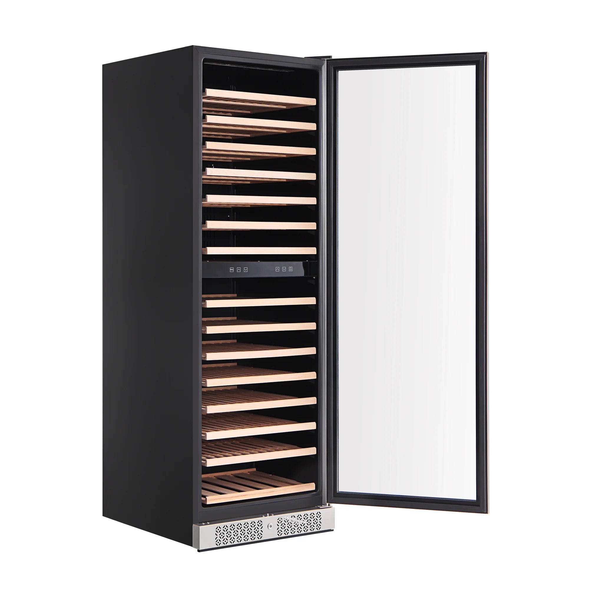 Wine cooler with open door, black outer panel, and front vented base