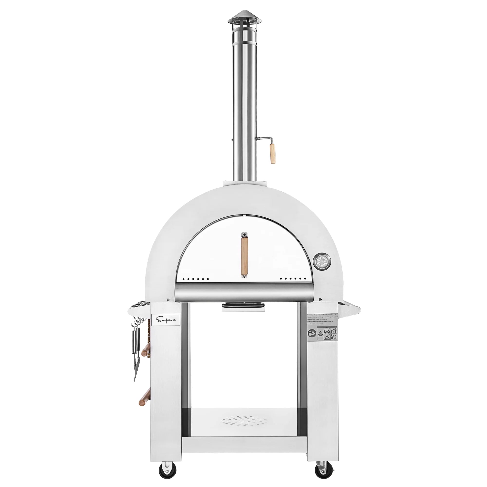 Outdoor wood-fired pizza oven with arched front door, heat vent bar, and wheeled base