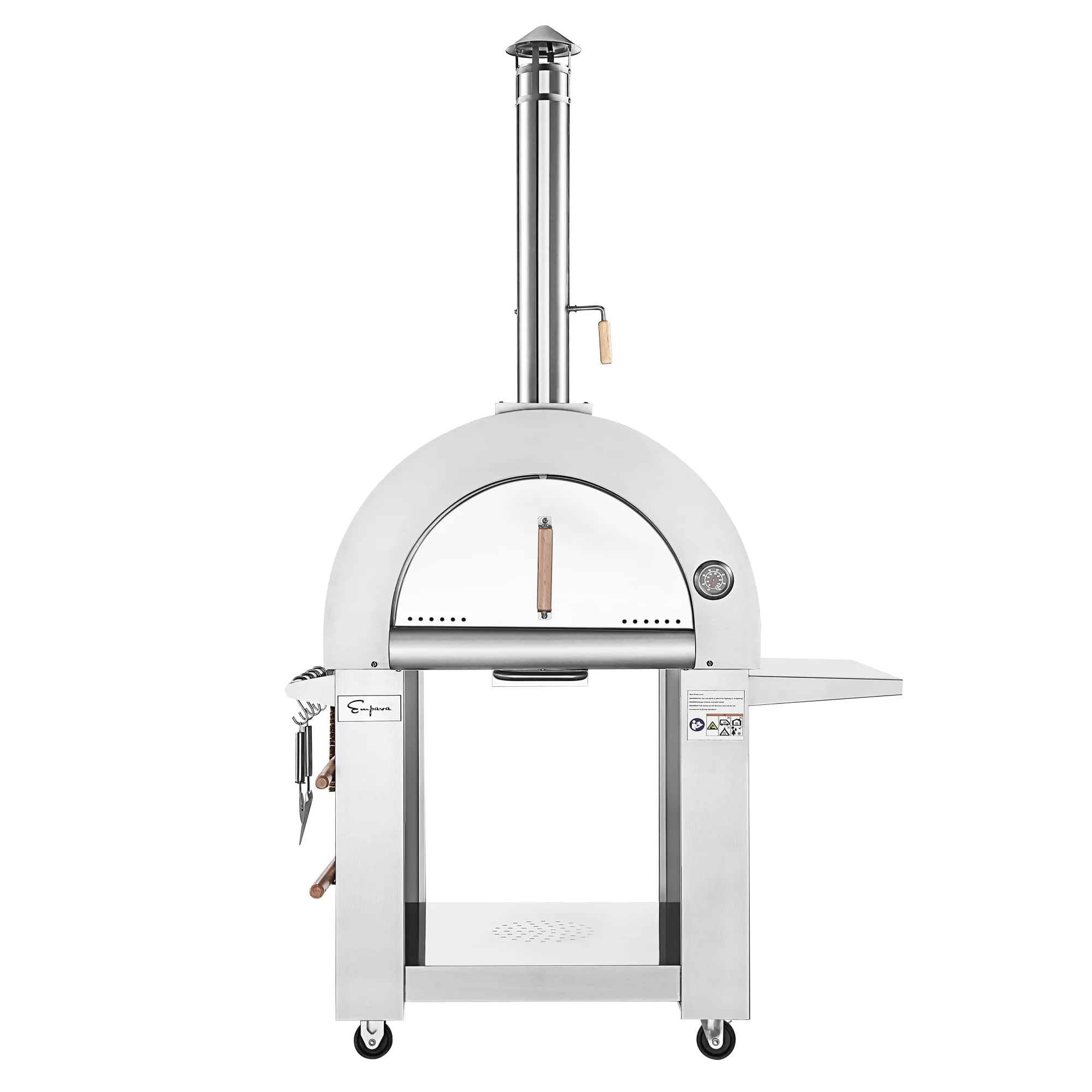 Outdoor wood fired pizza oven with round dome, front opening and side shelf