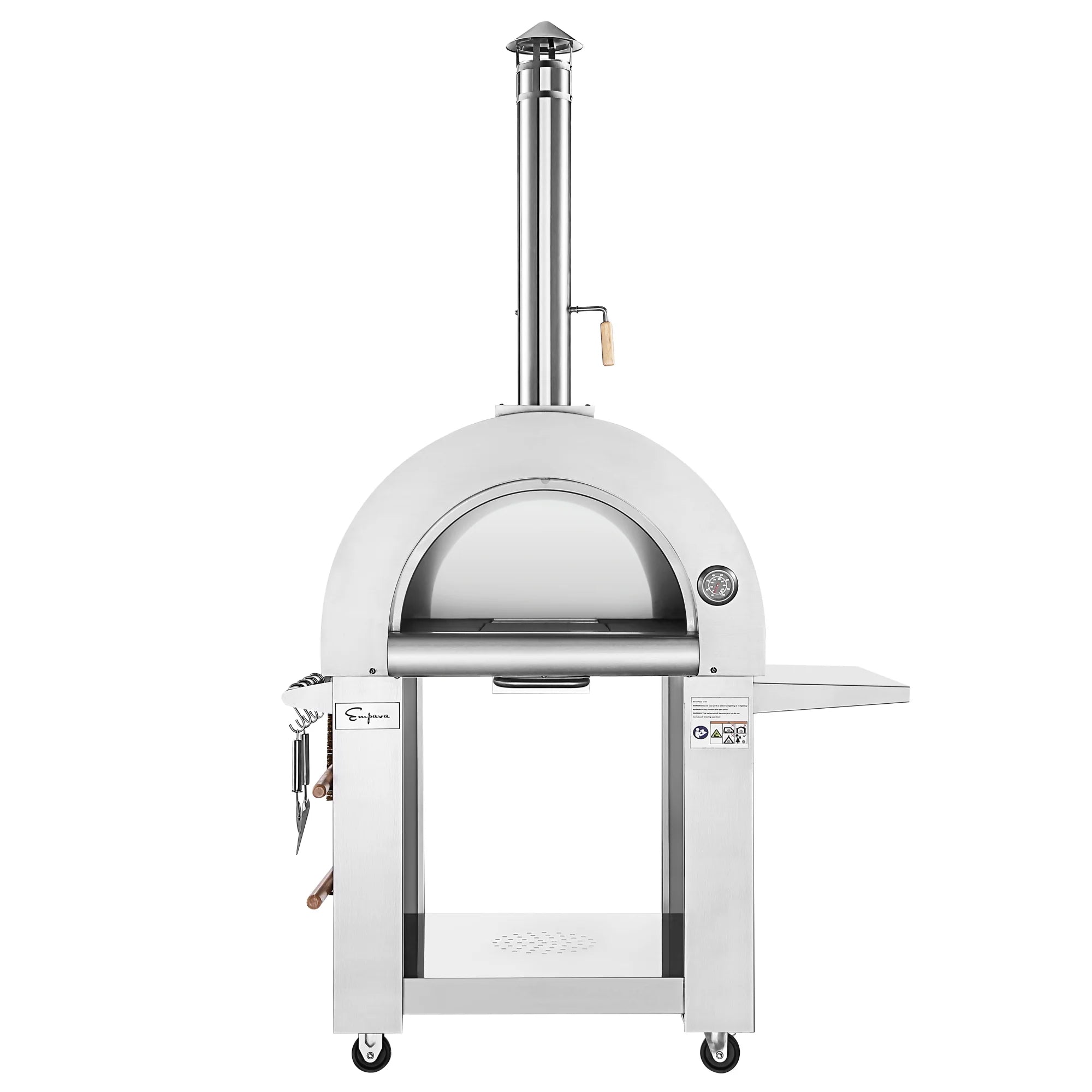 Outdoor wood fired pizza oven with open front door and side shelf, dome view