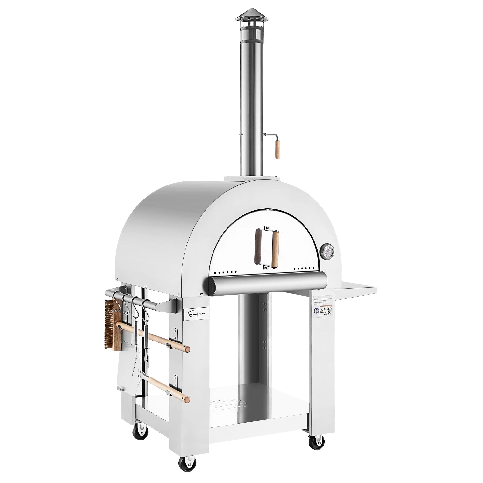 Outdoor wood fired pizza oven with tall chimney and side shelf, angled view