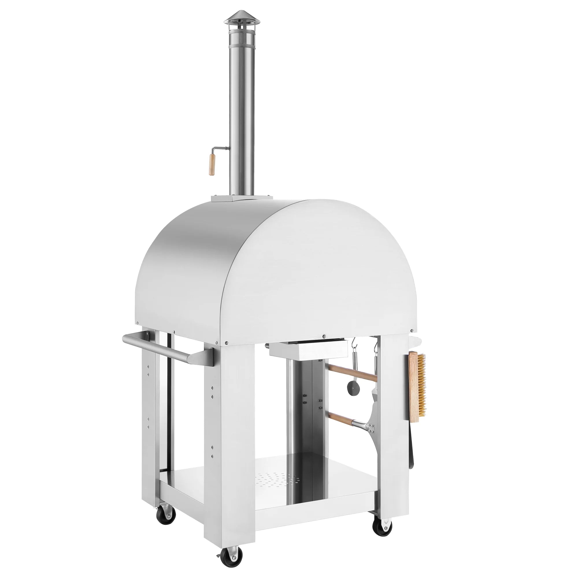 Outdoor wood-fired pizza oven with chimney stack and side brush tool on frame