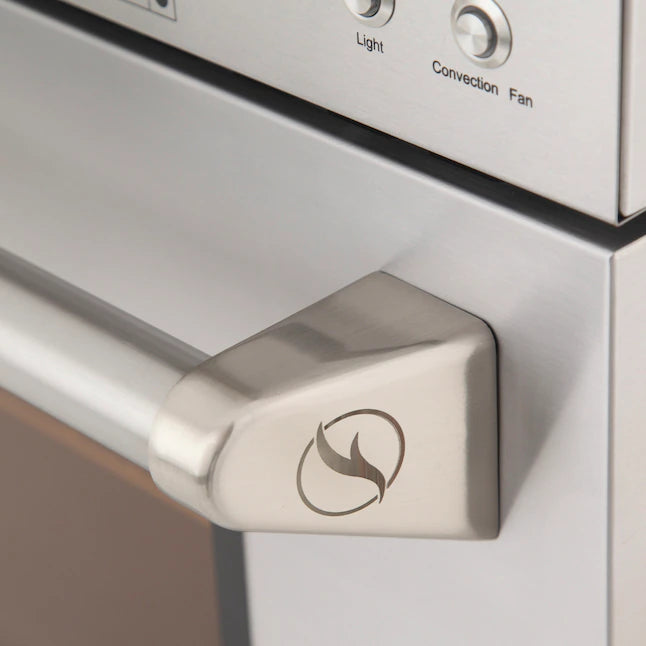 Stainless steel gas range control panel with Light and Convection Fan knobs