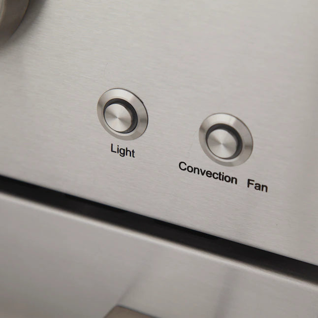 Stainless steel range control buttons labeled Light and Convection Fan